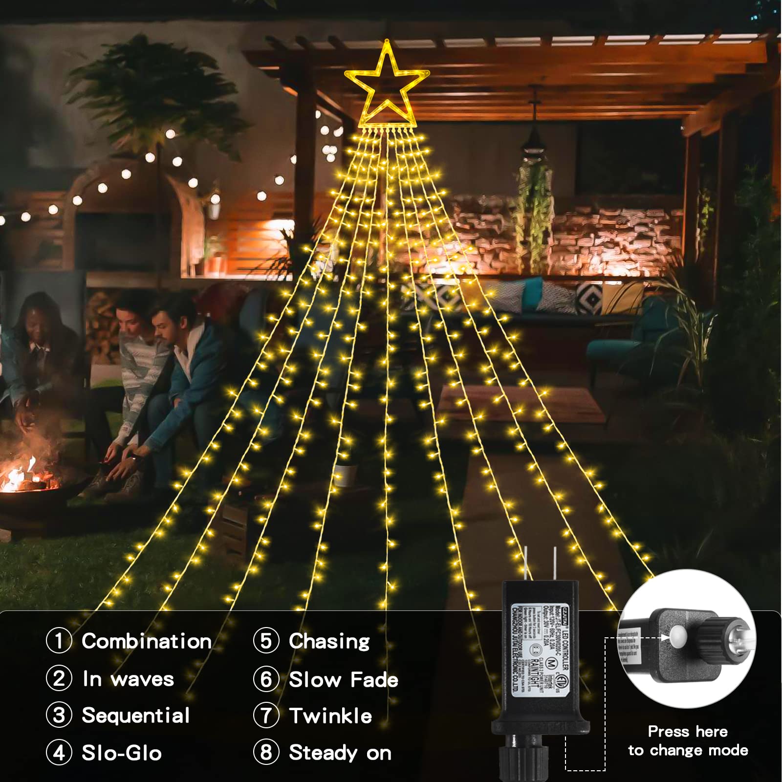 Gogsic Christmas Decoration Outdoor Star String Lights with Remote, 317 LED Star Christmas Tree Lights 8 Lighting Modes&Timer for Christmas Halloween Wedding Party (Warm White)