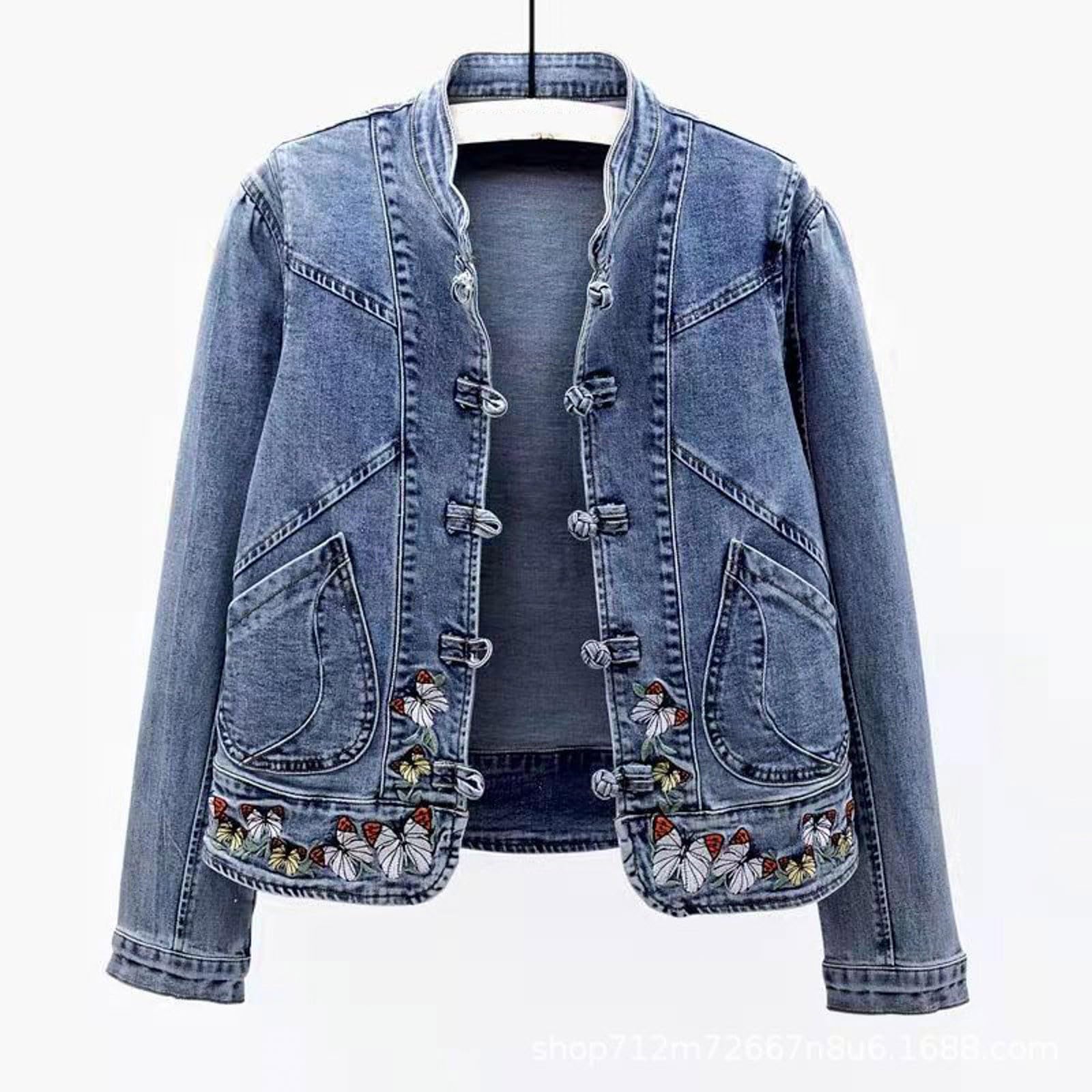 Vêtements Femme Hiver Brodé Court Vestes en Jean Manteau Basique Veste de survêtement Femme Bleu, bleu, L