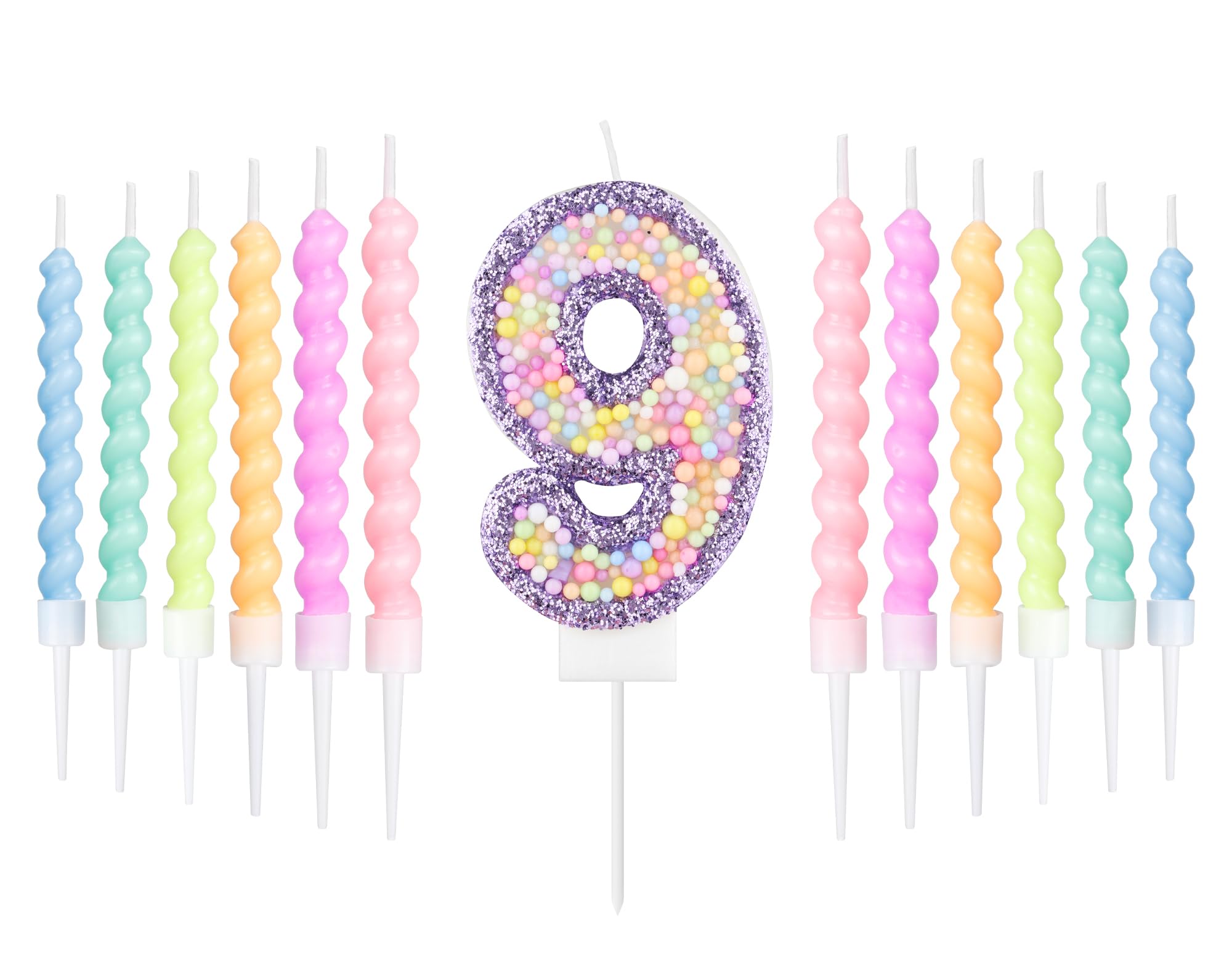 Purple Macaron 9th Birthday Candle with 12pcs Pastel Spiral Candles Set, Girls 9th Birthday Decorations Iridescent,Macaron Number 9 Candle for Cake,Kpop Themed Party Decoration,Baby Showers Supplies