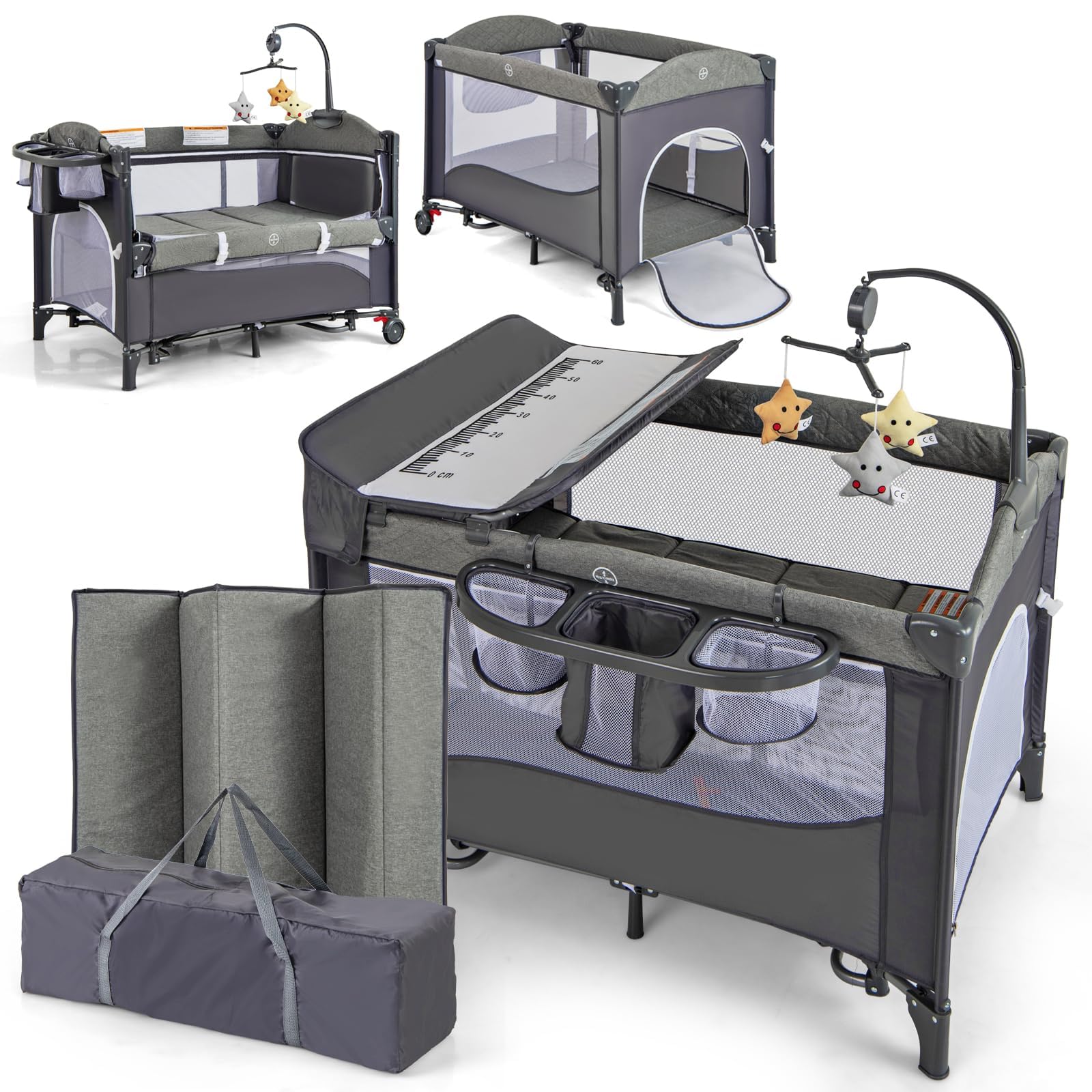 COSTWAY 5 in 1 Babybett, Reisebett Baby mit Matratze, Beistellbett höhenverstellbar mit Wickeltisch, Sicherheitsgurt, Spieluhr & Hängespielzeug, Stubenwagen Babywiege mit Rollen für Kleinkinder, Blau