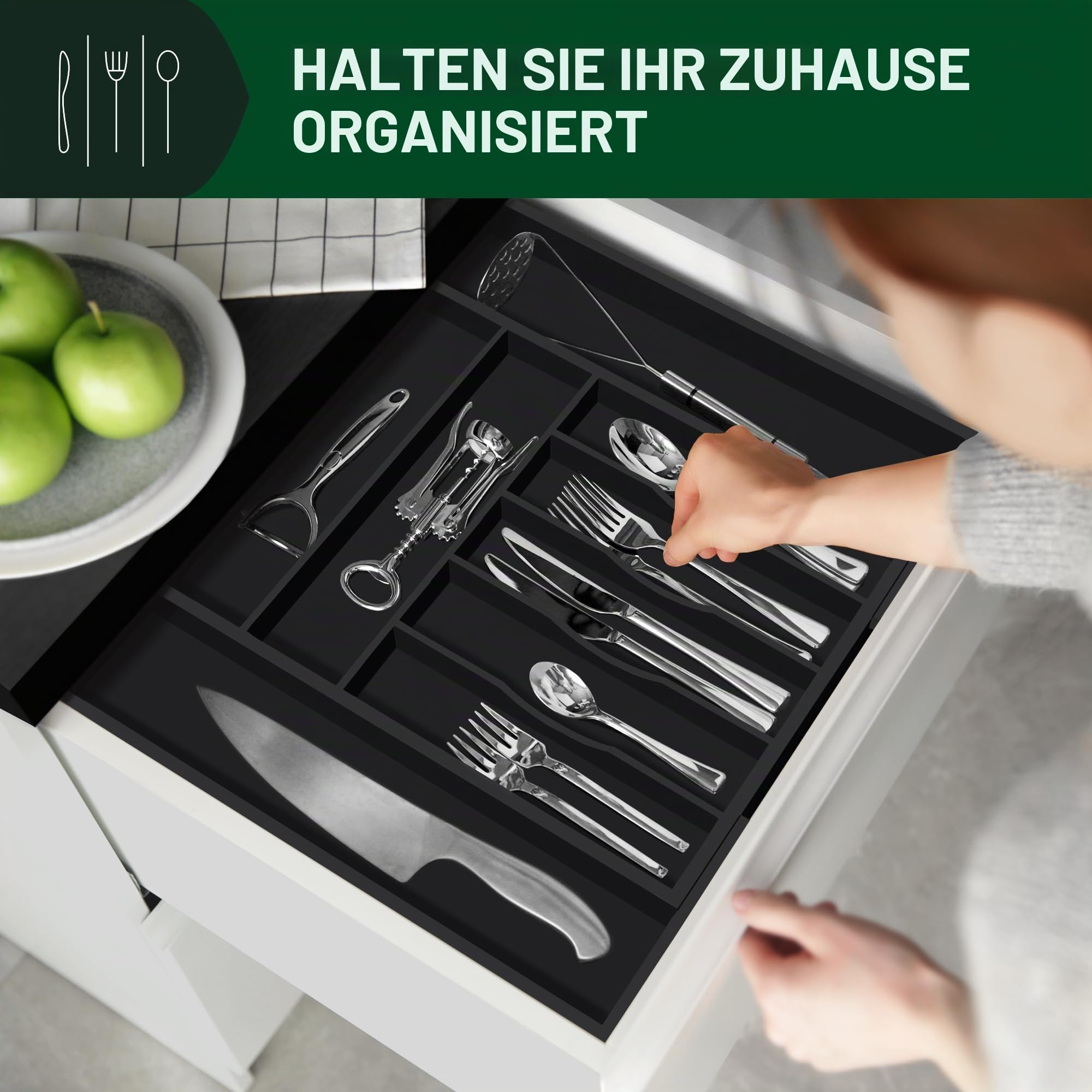 ROYAL CRAFT WOOD Luxuriöser Schubladen-Organizer aus Bambus – Besteck-Organizer – Utensilienhalter und Besteckkasten mit gerillten Schubladenteilern für Besteck und Küchenutensilien (schwarz)