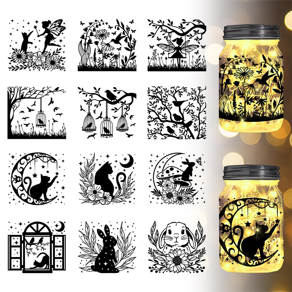 GLOBLELAND 12Pcs Animals Silhouette Cutouts Fairy Bird Cat Bunny Silhouette Lantern Cutouts Decoration Wall Paper Lamp Clings for Jars Wall Painting Windows Glass 3.9x3.6inch