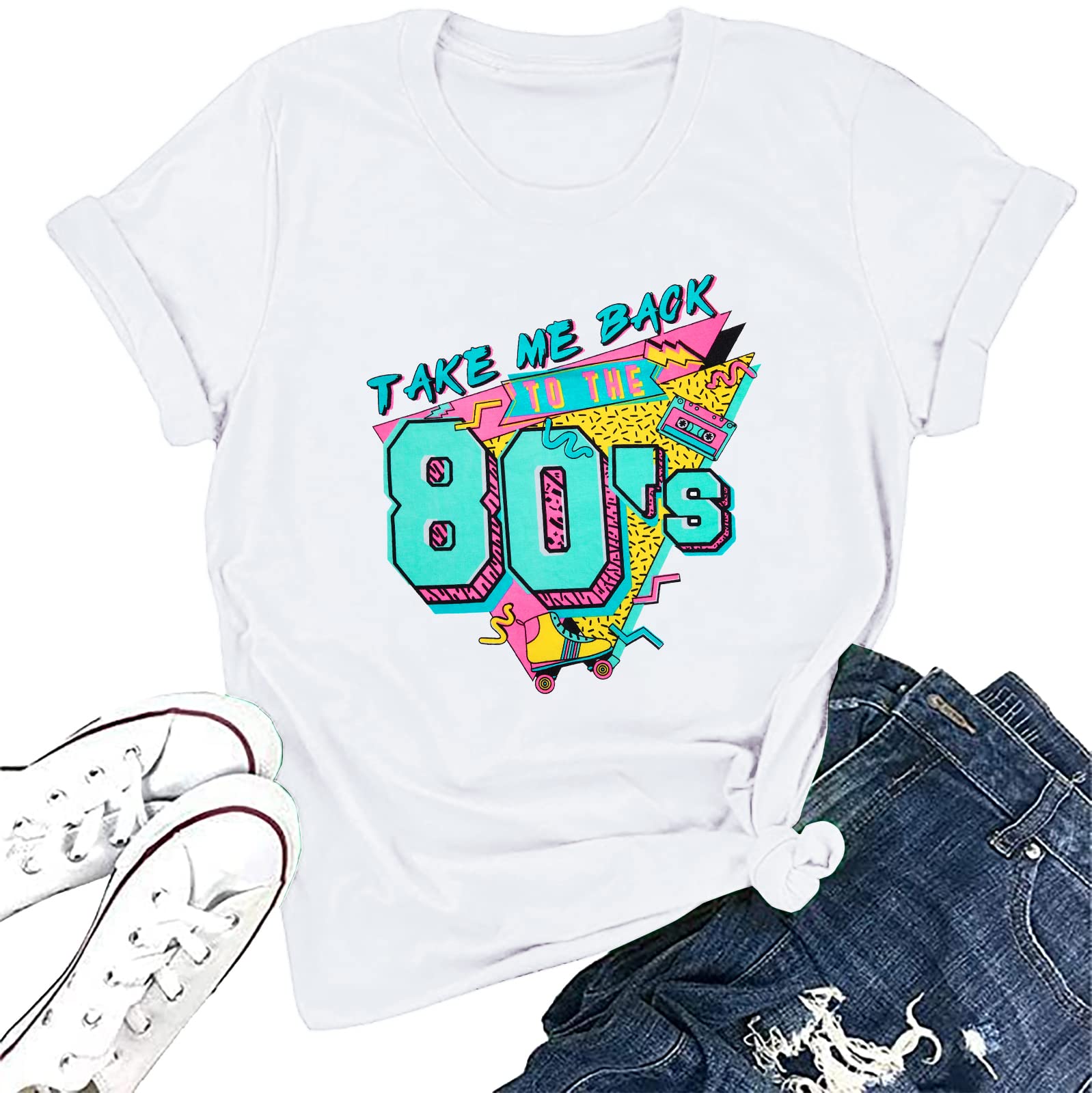 90s Outfit for Women Take Me Back to The 90's Shirt Vintage Neon Crew Neck Tops Tee for Birthday Party Gift