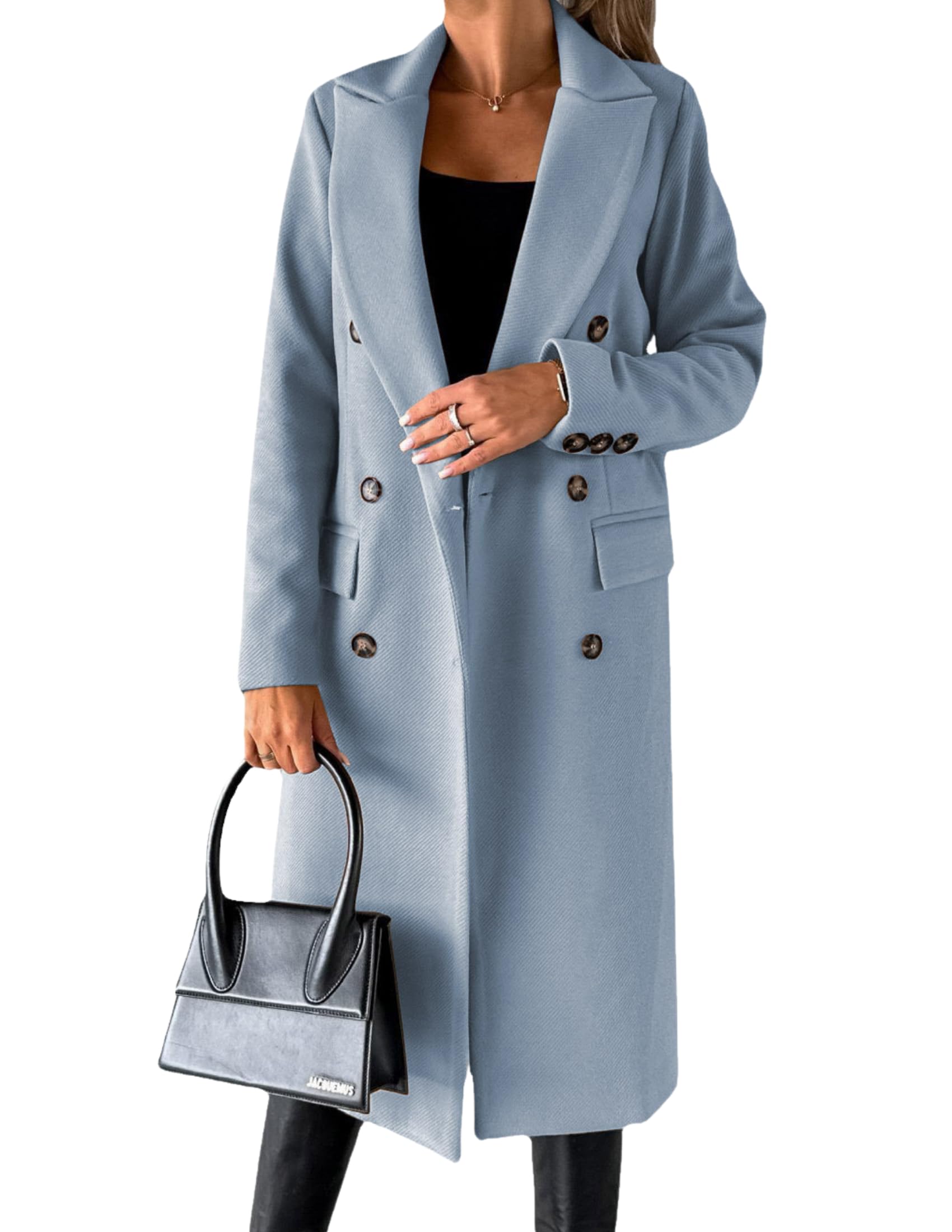 LIZALIG Womens Casual Notched Lapel Overcoat - Double Breasted Wool Blend Winter Long Peacoat Daily Wear