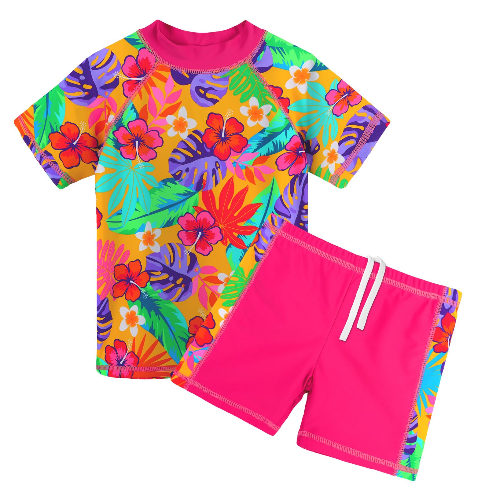 BAOHULU Girls Short Sleeve Swimsuit Two Piece Floral UPF 50+ Rash Guard