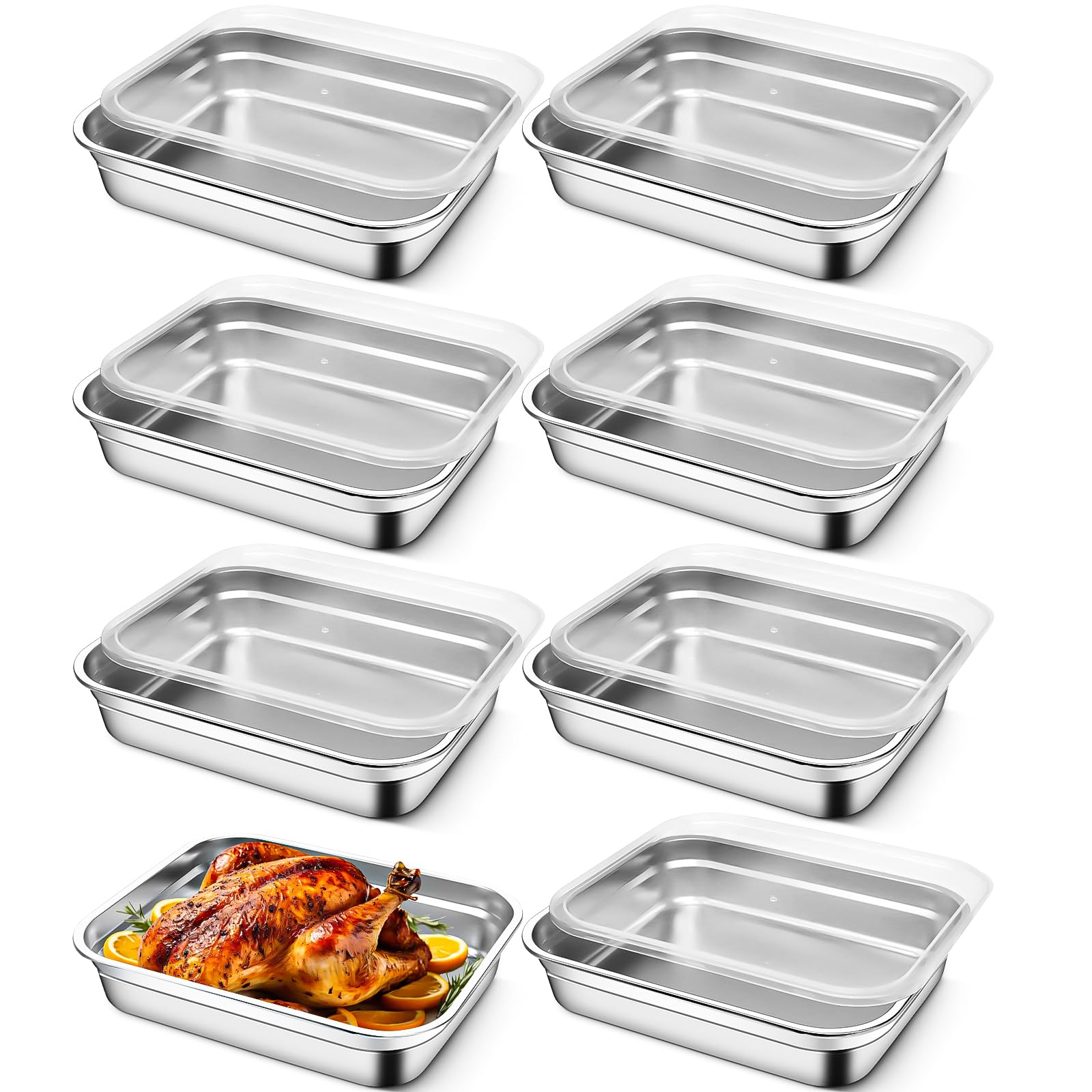 8 contenitori per alimenti grandi in acciaio inossidabile, rettangolari, con coperchio a tenuta stagna, riutilizzabili, per cucina, ristorante, frigorifero, congelatore, buffet, 32 x 26 x 7 cm