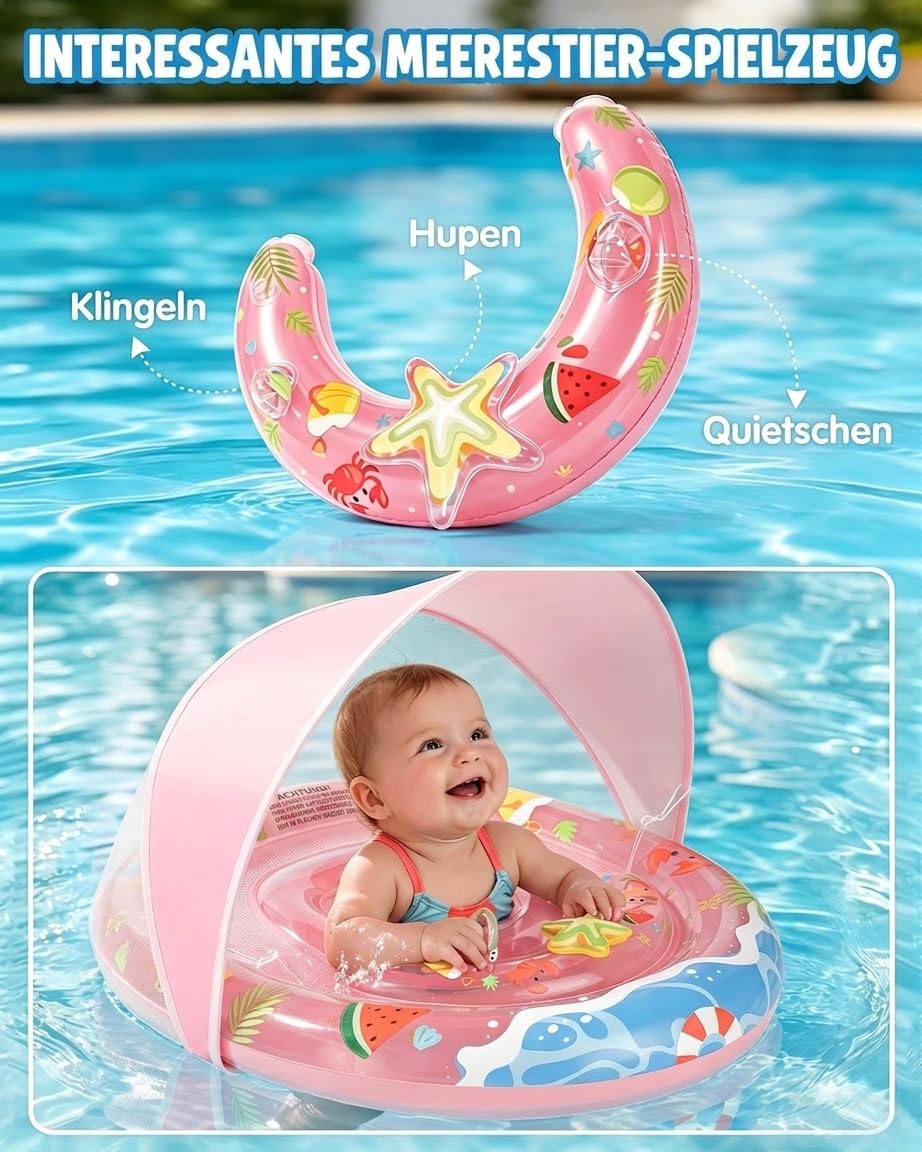Schwimmring Baby, Aufblasbarer Baby-Schwimmkörper mit UPF50+ Sonnendach, Doppelkreis Design, Verstellbarer Sicherheitssitz, Kippschutz, Schwimmhilfe Kinder ab 6-36 Monate