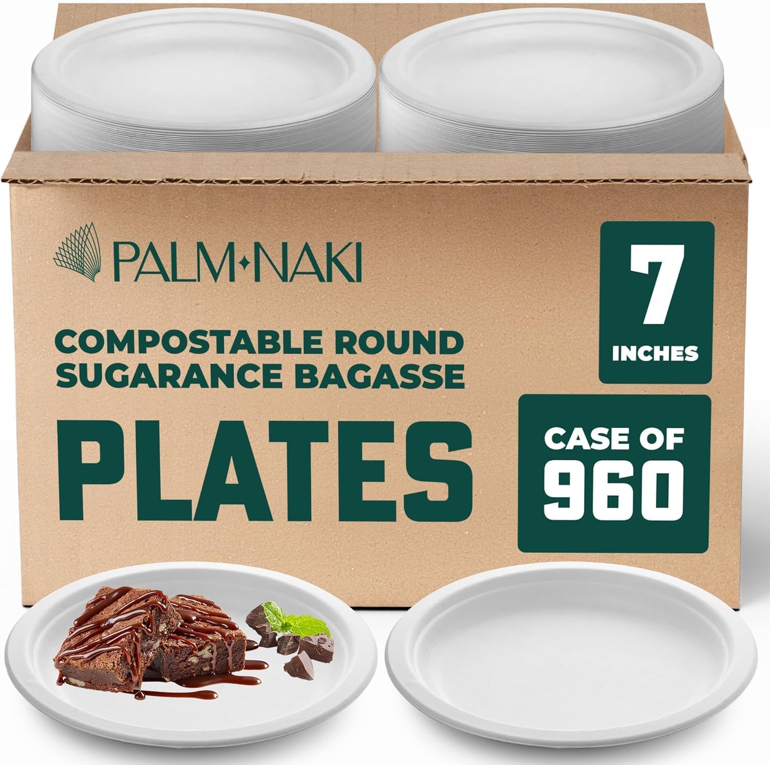 Bulk Case: 7" Heavy Duty Paper Plates | Compostable & Biodegradable | Made from Sugarcane Bagasse | Leak-Resistant & Sturdy | Microwave Safe | PFAS-Free | 7 Inch | 12 x 80-Pack (960 Pcs) | Palm Naki