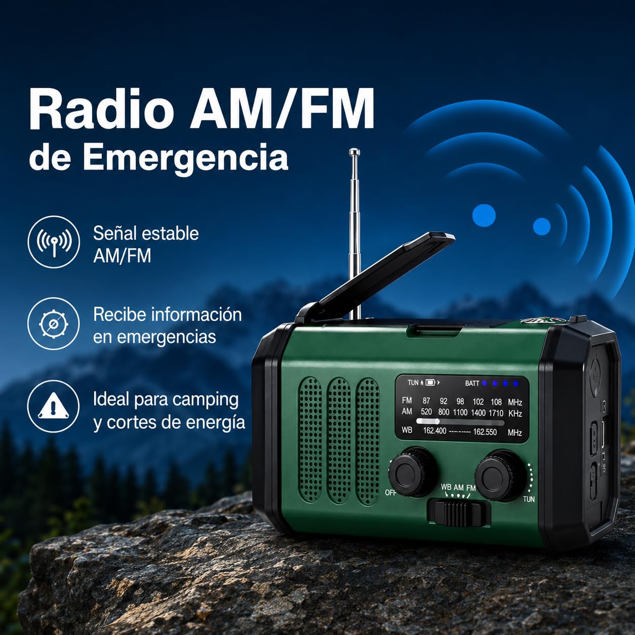 Winnes 20000 mAh Radio de Emergencia Portátil,Radio FM/Am con lámpara de Lectura, Alarma SOS, brújula,generador de manivela y Carga Solar, para Exteriores Carga de Emergencia para Smartphones (Verde)