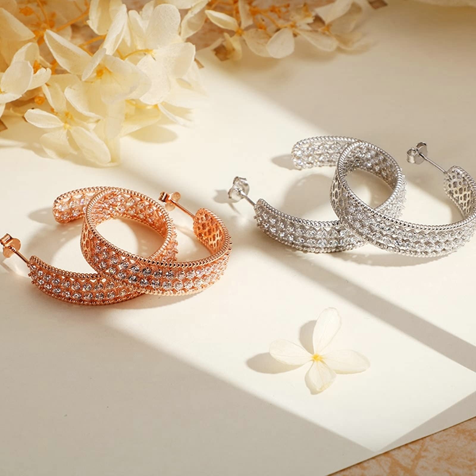 Mode Ohrringe Damen, Creolen 925 Sterling Silber Einfach Ohrringe Zirkonia Muttertag Geschenk