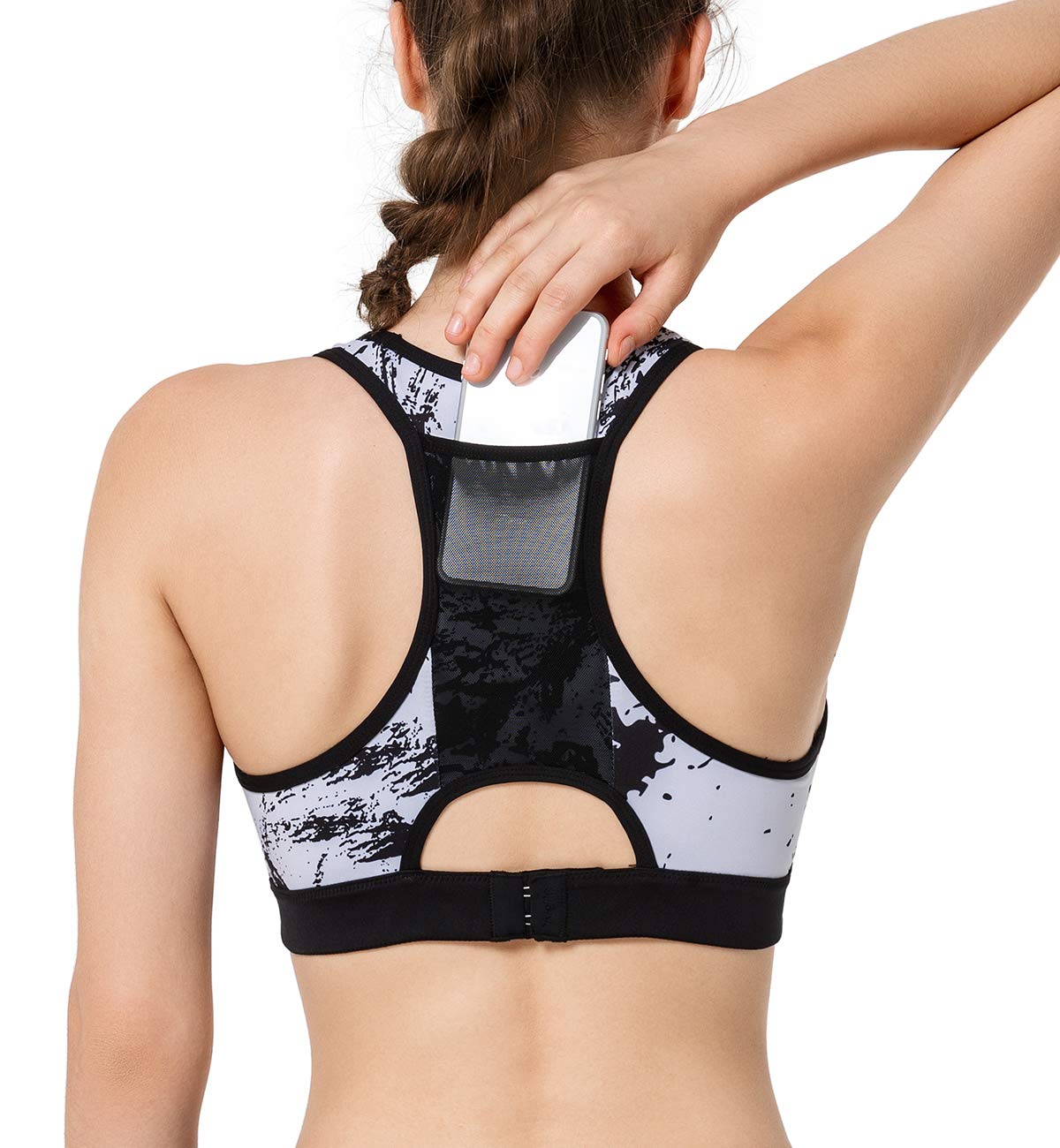 Yvette Damen Racerback High Impact Sport-BH mit Gesäßtasche, Lauf- und Workout-BH - Schwarz - M+