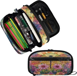 ALAZA Dragonfly Flower Stained Glass Pencil Case Large Capacity Pencil Pouch Box Clear Zipper Organizer Pen Bag for Boys Girls School Supplies 3 Compartments