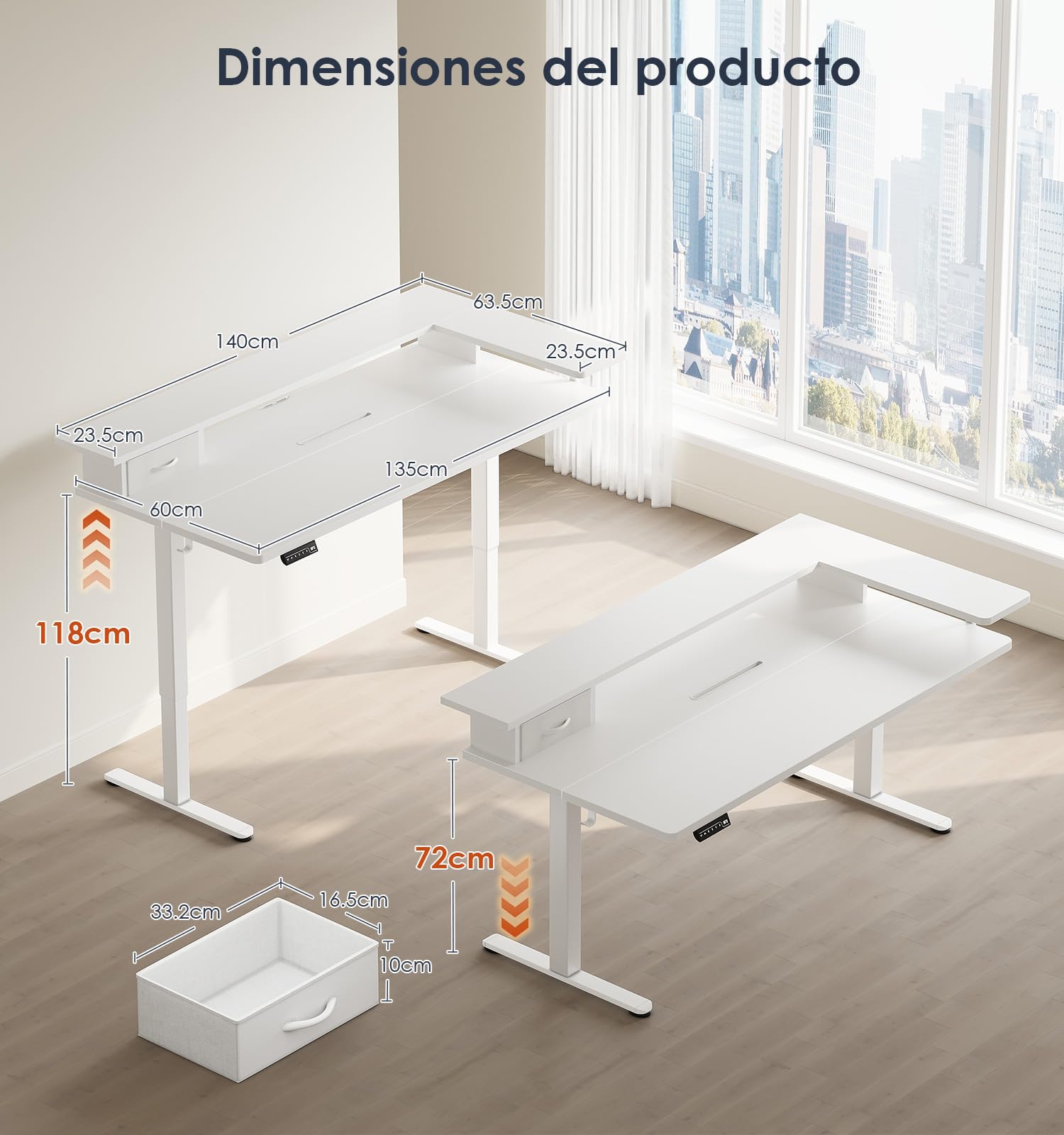 OffiGo Escritorio Elevable con Cajón y USB, 140×60 cm, Weiß | Soporte para monitor en L, 3 memorias, escritorio eléctrico regulable para oficina en casa, USB integrado, 72-121 cm