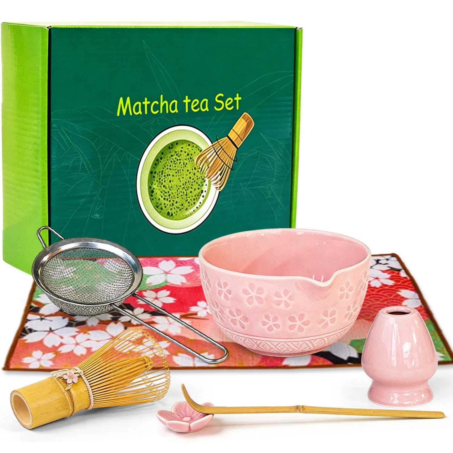 Matcha Set di 7 scope Matcha rosa, con ciotola in ceramica, frusta in bambù, frusta in bambù, cucchiaino da tè, porta cucchiaio in ceramica, colino e accessori, perfetto per gli amanti del