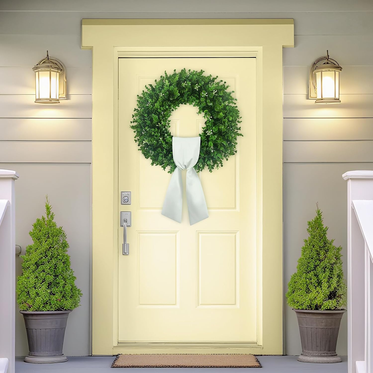 20'' Boxwood Wreaths for Front Door, UV Resistant Leaves & White Flower Buds, Artificial Green Spring Wreath with a Sash for Farmhouse Wedding Outdoor Indoor Summer St Patricks Day Decor - Image 8
