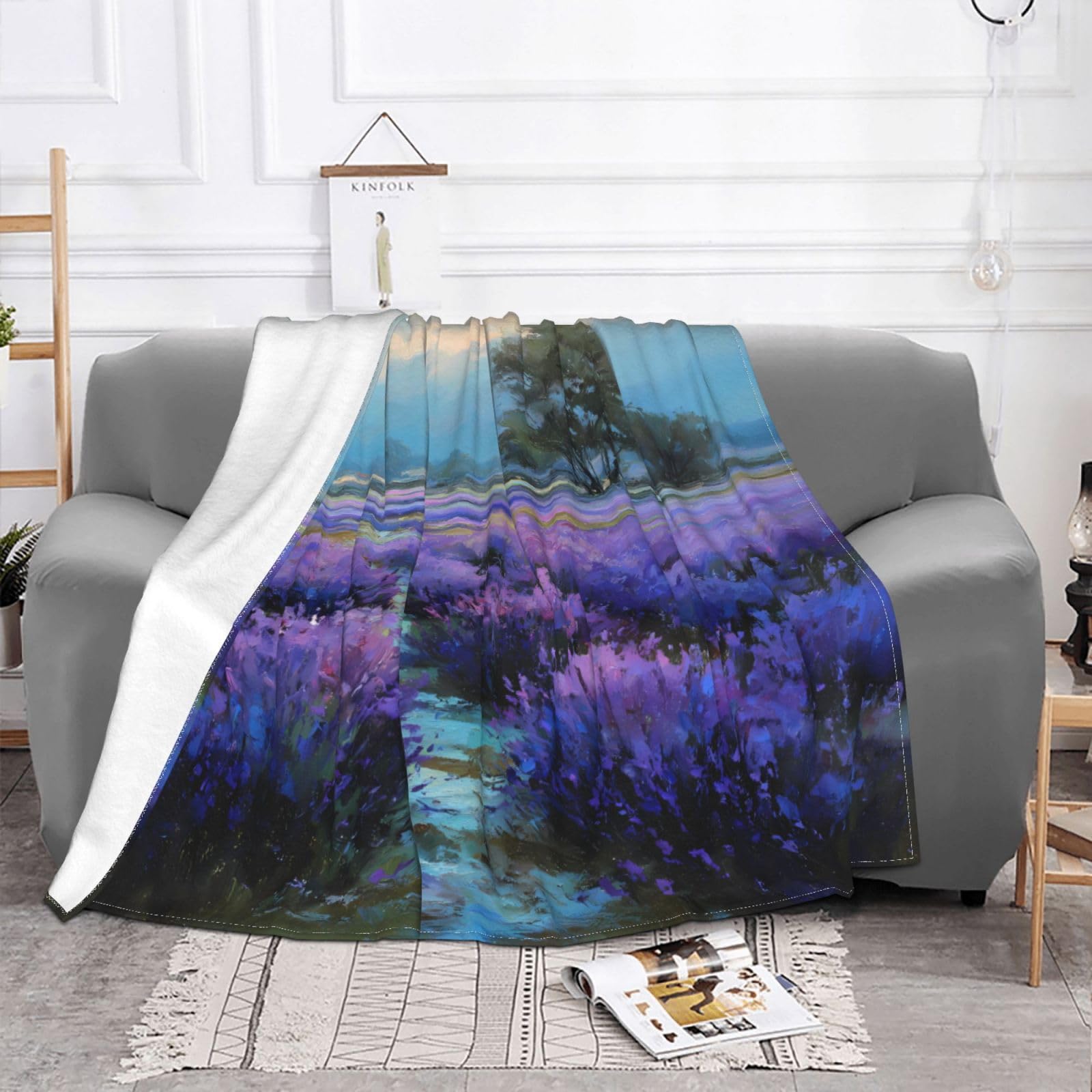 Manta de viaje portátil de 80 x 60 pulgadas, suave, resistente a las arrugas, plegable, exquisito estampado morado