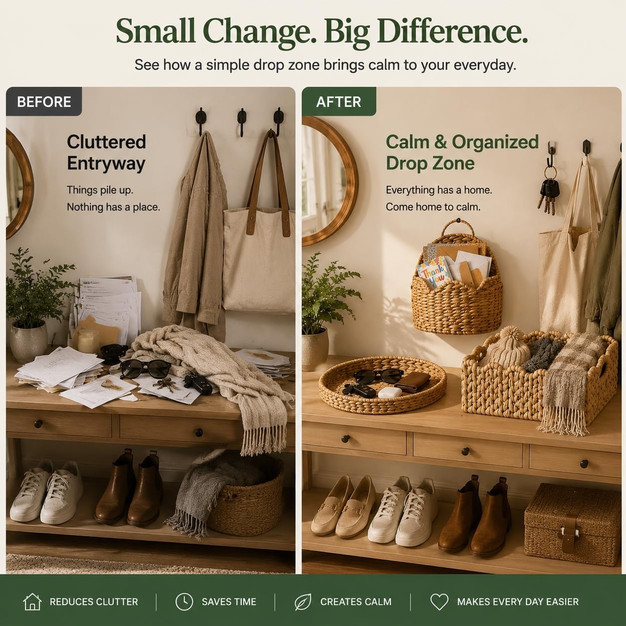 Tray For EntrywayTable,Hanging Scalloped Wall Basket,Large Scalloped Basket | Entryway Organization Set, Woven Water Hyacinth Wicker, Drop Zone For Keys, Mail & Entryway Storage Decor