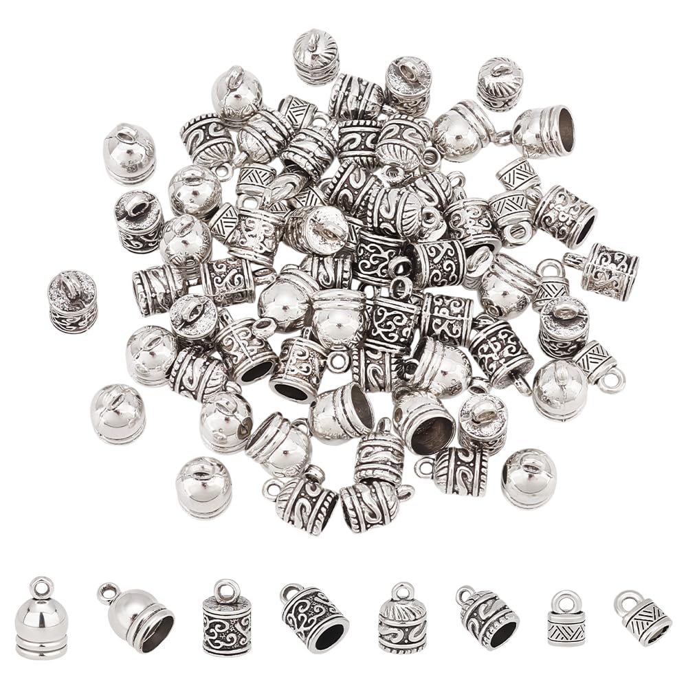 UNICRAFTALE About 80Pcs Cord Ends Caps 4 Styles Barrel Tassel Cord Ends Tibetan Leather Cord Ends Terminators End Tip Bead Caps Metal Tube Crimp Beads for Leather Cord Bracelets Jewelry Making