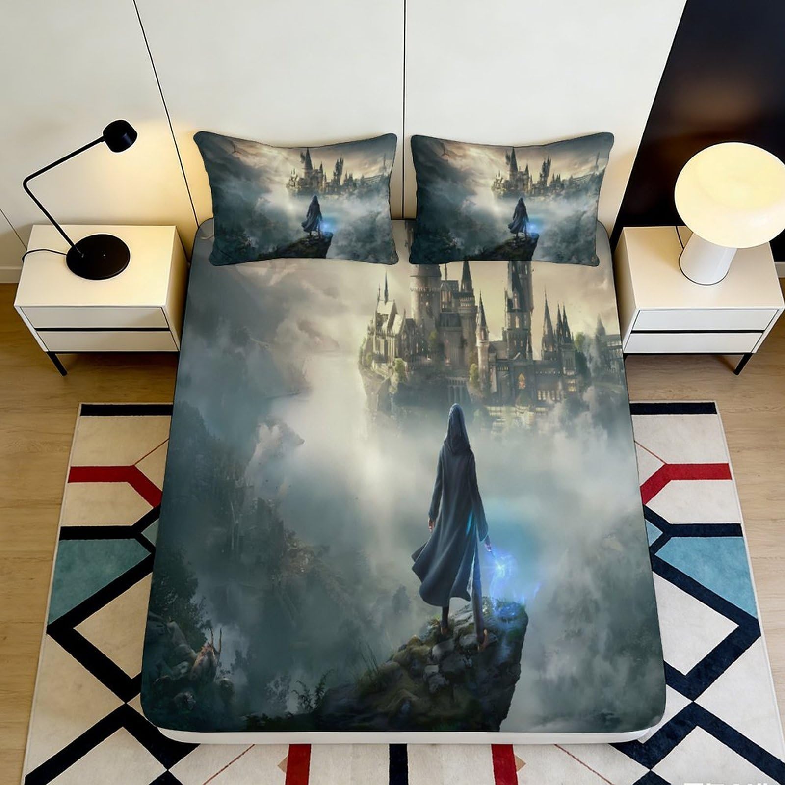 3D Printed Fantasy Castle Fitted Sheet Microfiber Soft Medieval Landscape Bed Cover for Bedroom Dorm Decor 180x200x25cm