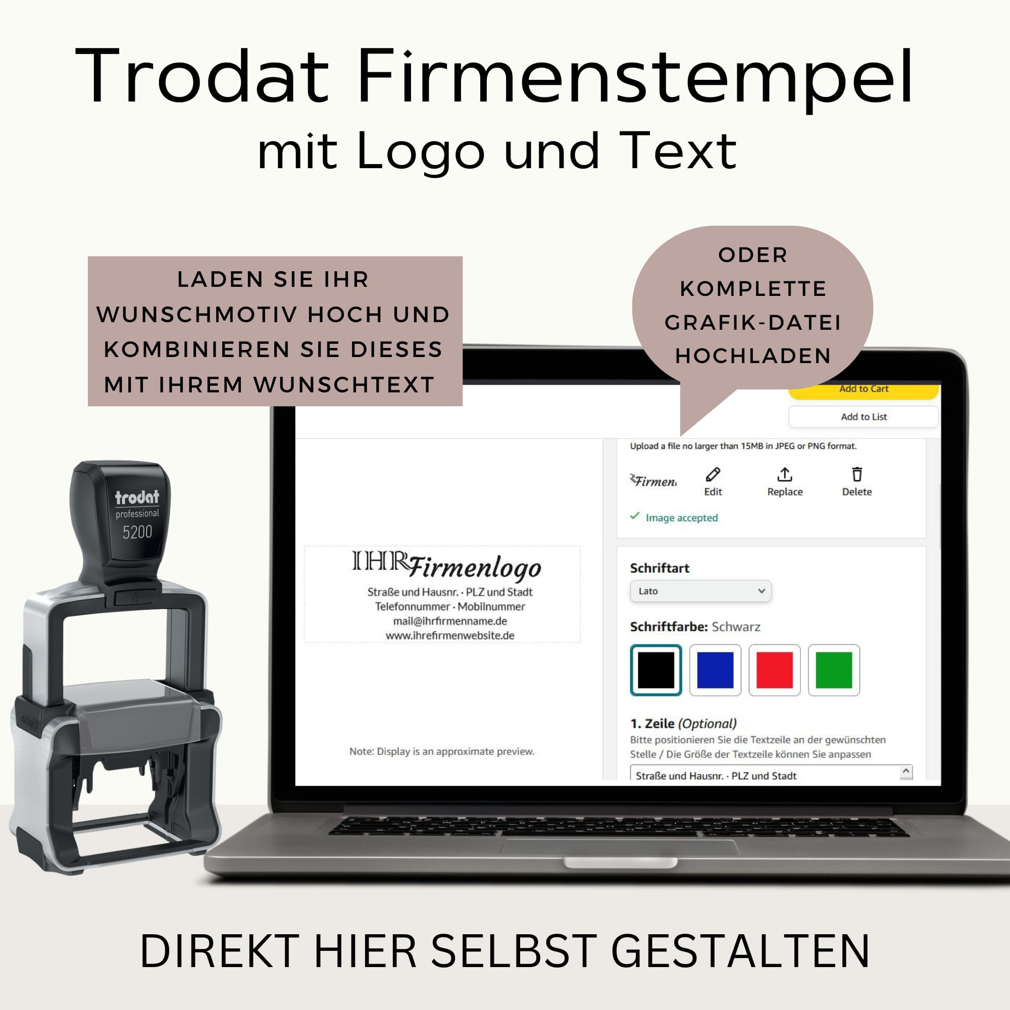 Trodat Firmenstempel mit Logo und Text – Professional 5200 – Personalisierter Stempel zum Bestellen mit bis zu 5 Zeilen, Abdruck 41x24 mm