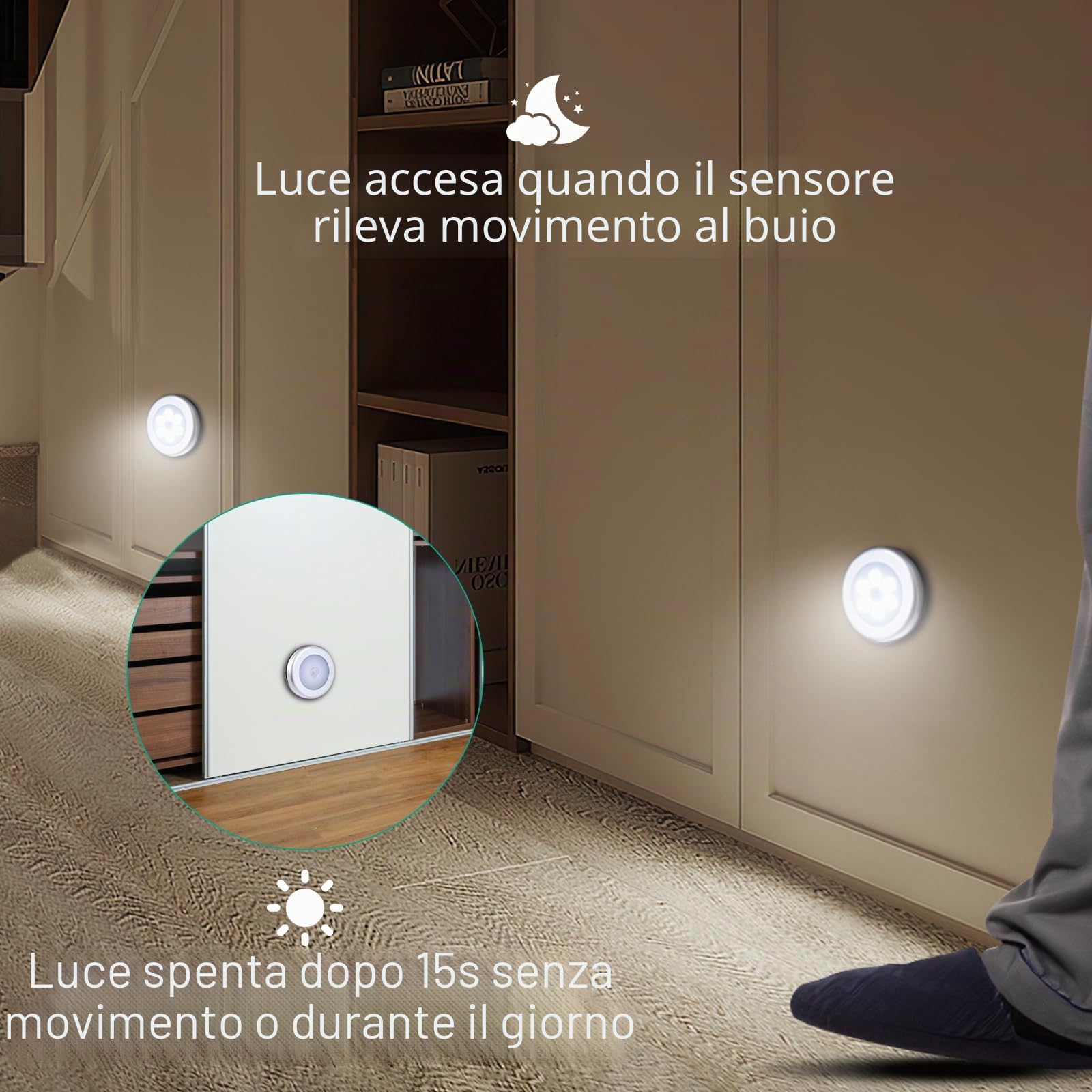 ORIA 6PCS Luce Notturna Sensore Movimento, Luci Armadio Led Senza Fili con Magnete, Auto On/Off, Luce Adesiva a Batteria per Armadio, Corridoio, Scale