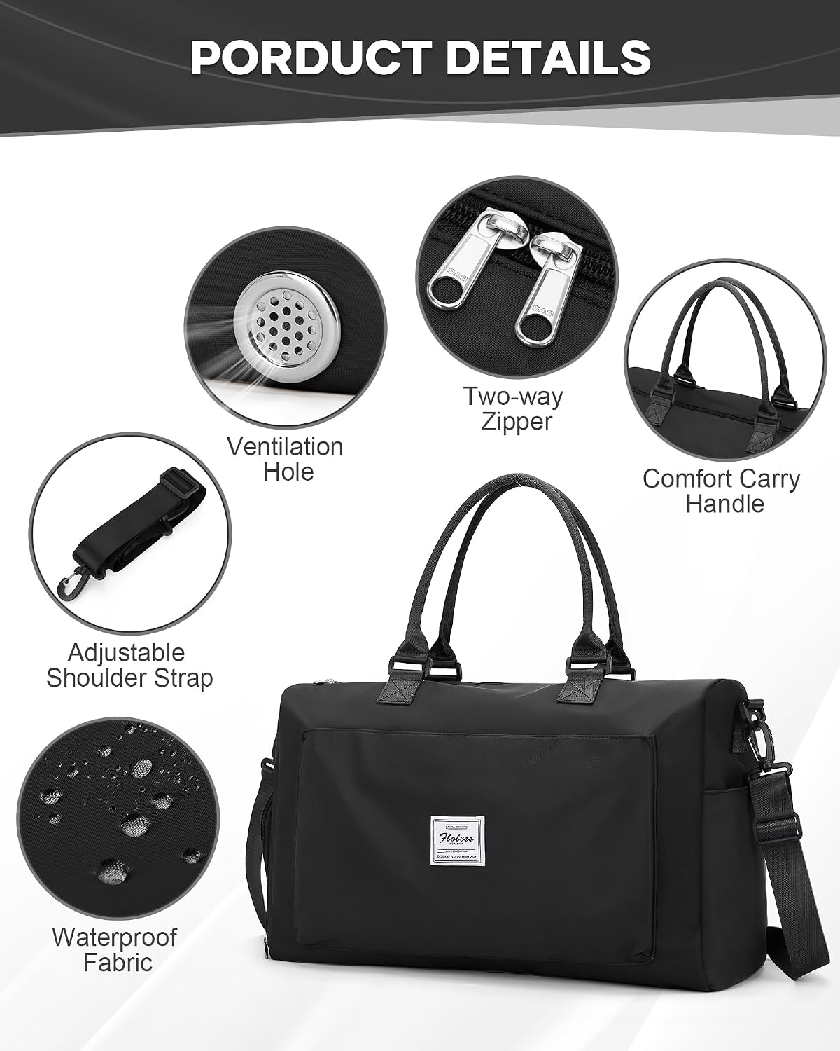 Gym Bag for Women Men Duffle Bags for Travel with Shoe Compartment Shoulder Weekender Overnight Carry on Tote Bags for Airplane Beach Bag Workout Yoga Sport Swimming Black
