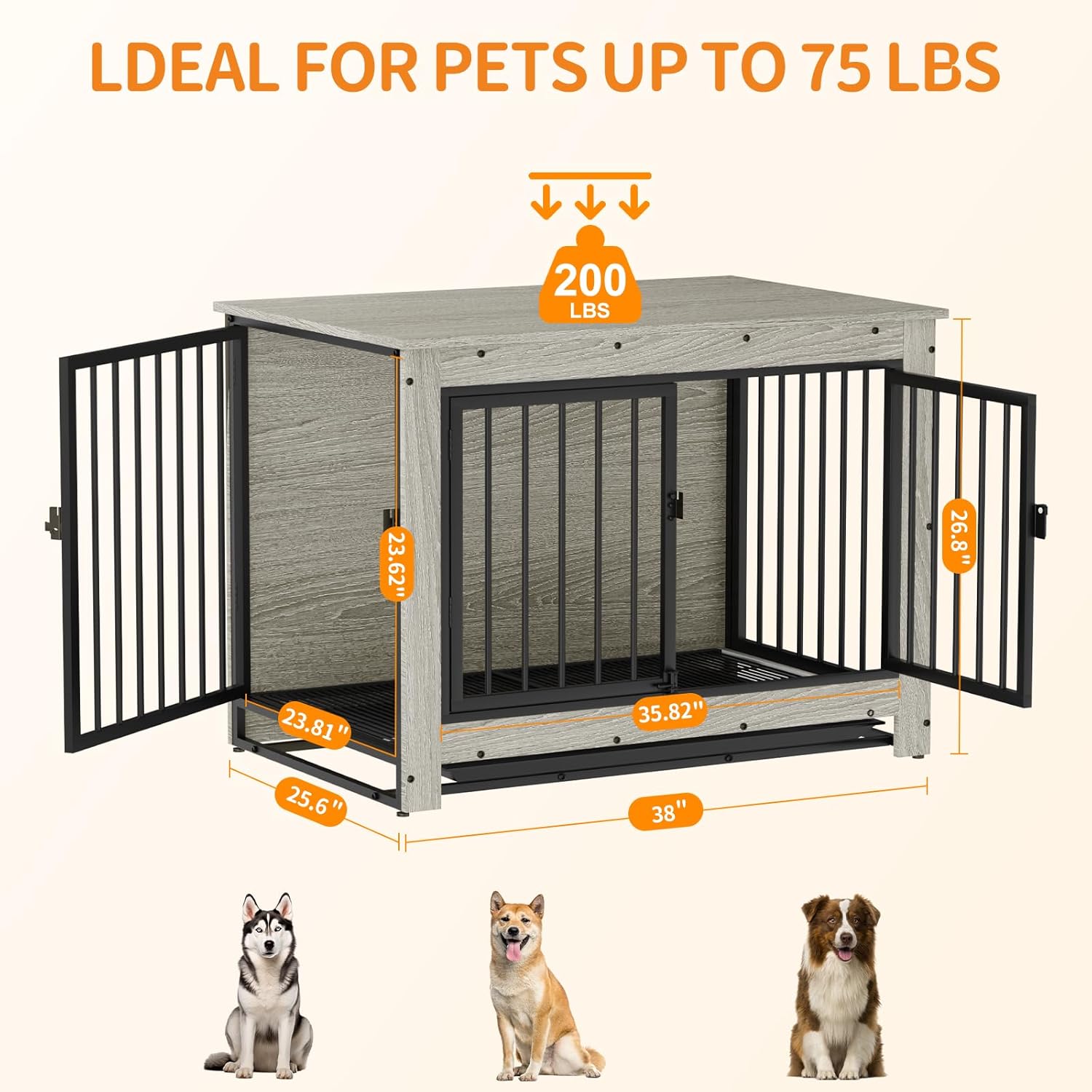 Walsunny Wooden Dog Crate Furniture,Double-Doors Kennel Indoor with Divider and Removable Tray,End Table Dog Crate for Decoration 38.6"L x 25.6"W x 26.8"H,Grey