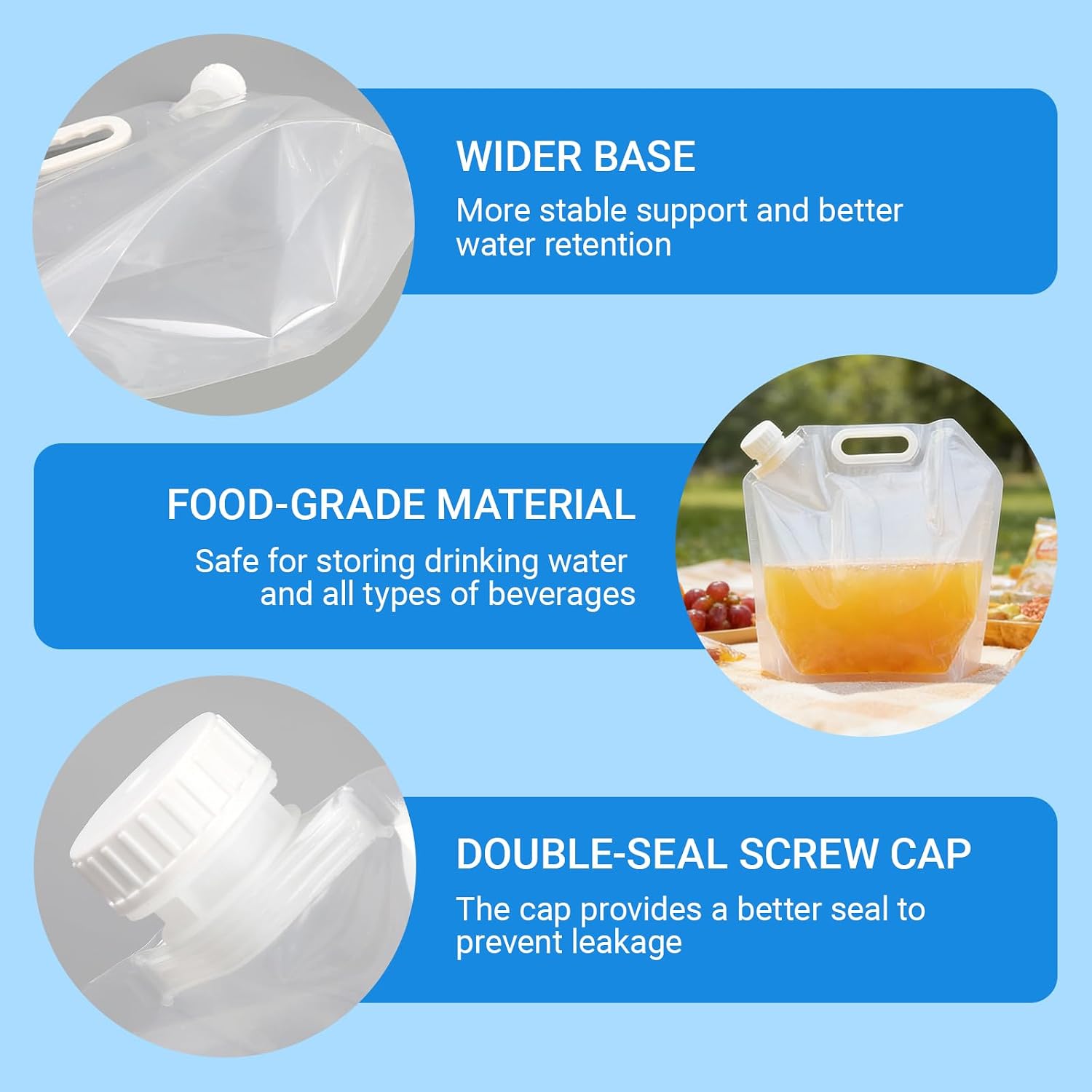 Collapsible Water Container Bag 1.3 Gallon Clear water storage bag BPA-Free, Freezable Plastic Emergency water pouches with Handle, No-Leak Foldable Water Jug for Sport, Camping, Hike Riding