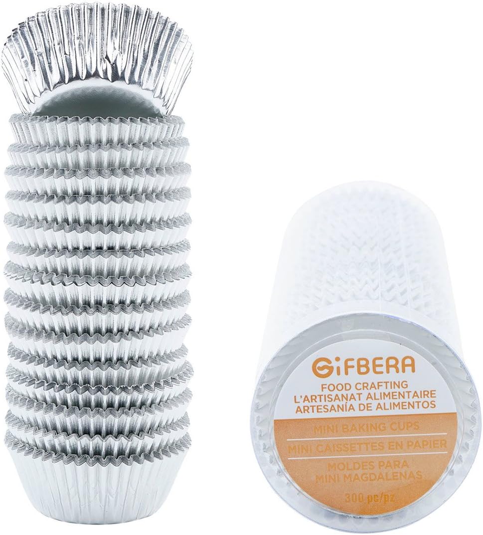 - Gifbera Mini Foil Baking Cups Silver, 300-Count Bright Foil Paper Silver Cupcake Liners Mini Size