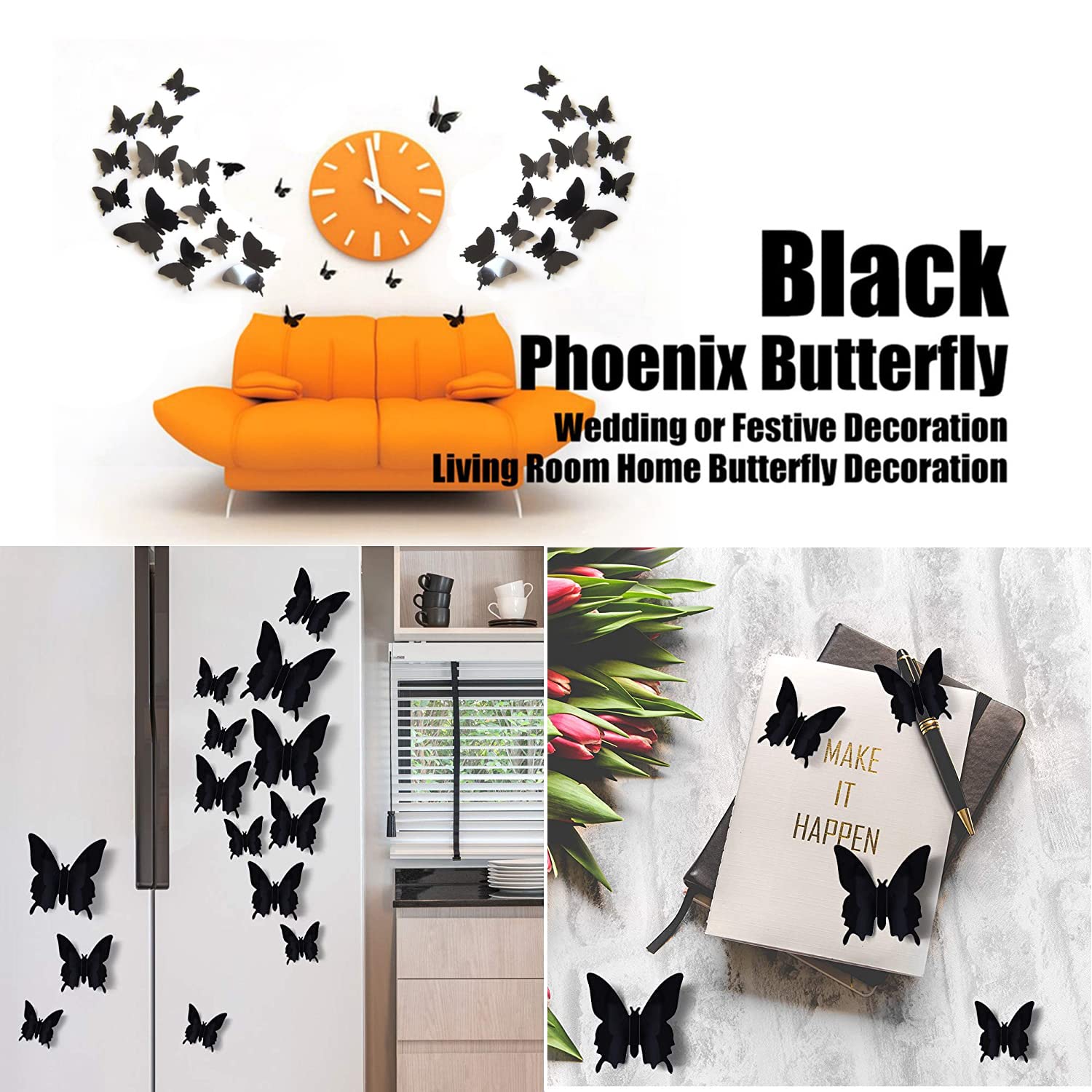 Tuxiaobu 24 Pieces DIY Mirror Butterfly 3D Butterfly Removable Wall Stickers Wall Stickers Wall Decals Home Decoration Kids Room Bedroom Living Room Decoration Black - Image 4