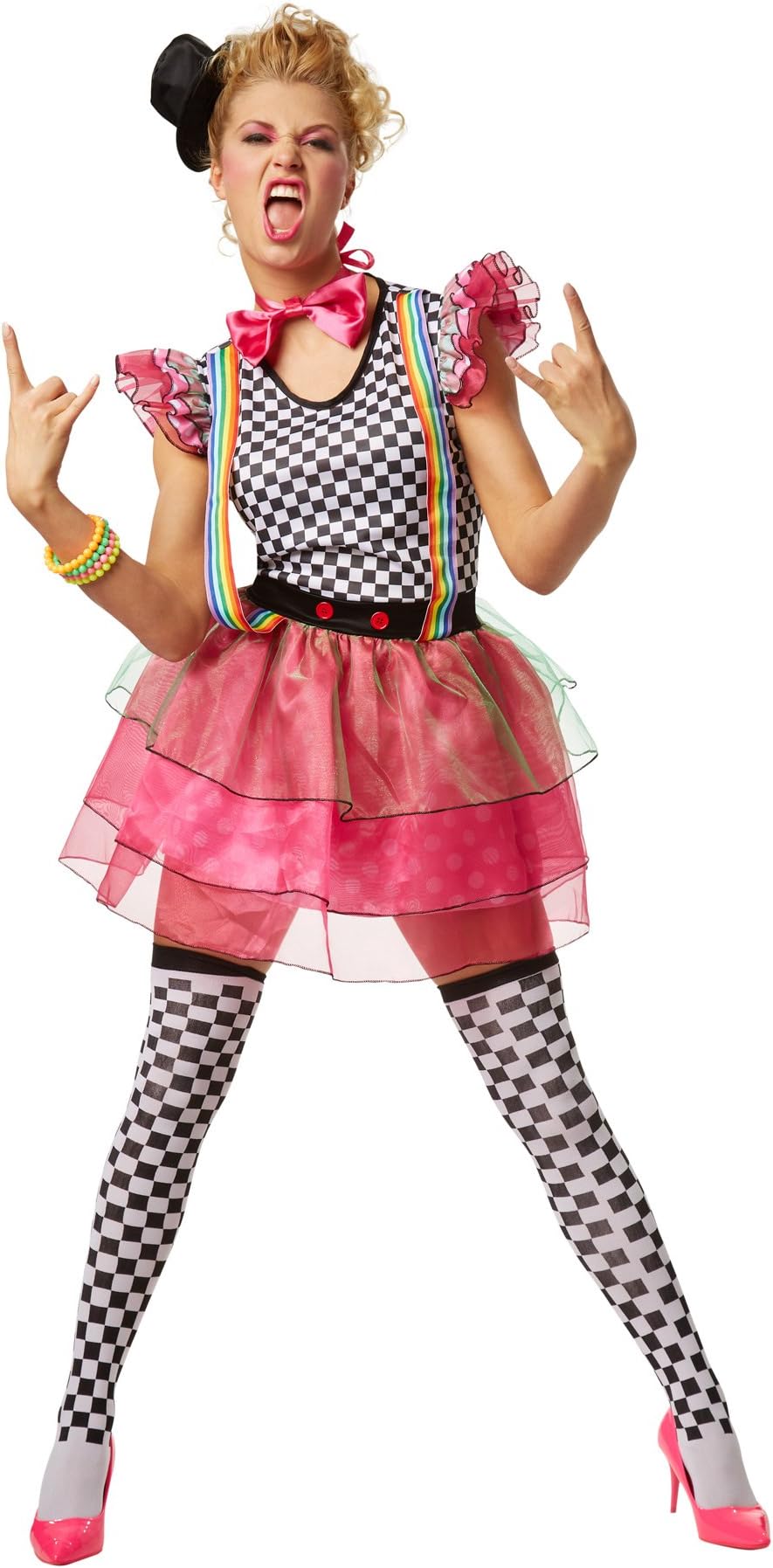 dressforfun Women’s Neon Clown Costume | Colourful, funky dress | Incl. hat with clip to secure, knee socks and bow tie (XXL | No. 301681)