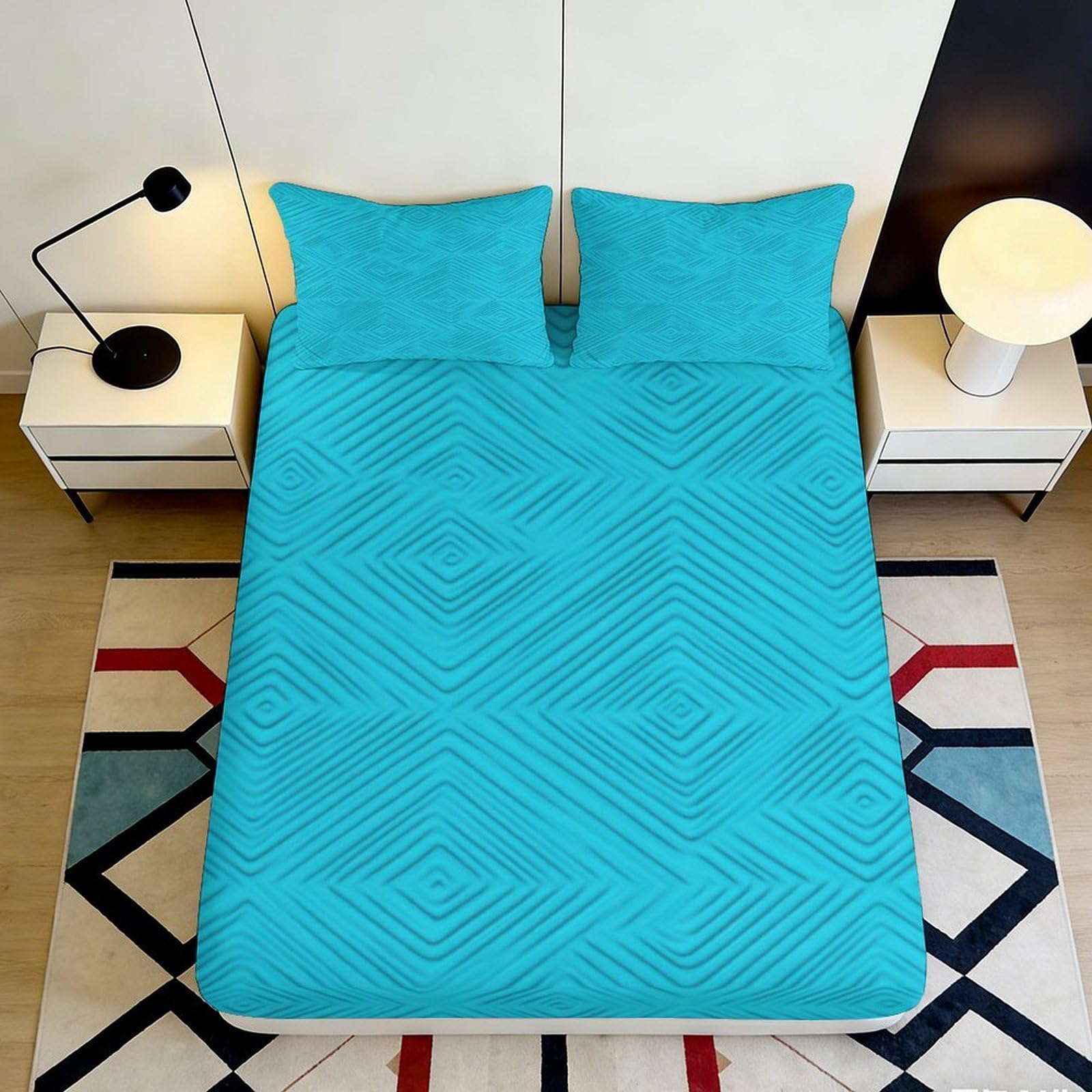 3D Printed Geometric Pattern Fitted Sheet Microfiber Soft Breathable Diamond Texture Mattress Cover for Bedroom Dormitory Guest Room Mattress Protection Decor 160x200x25cm