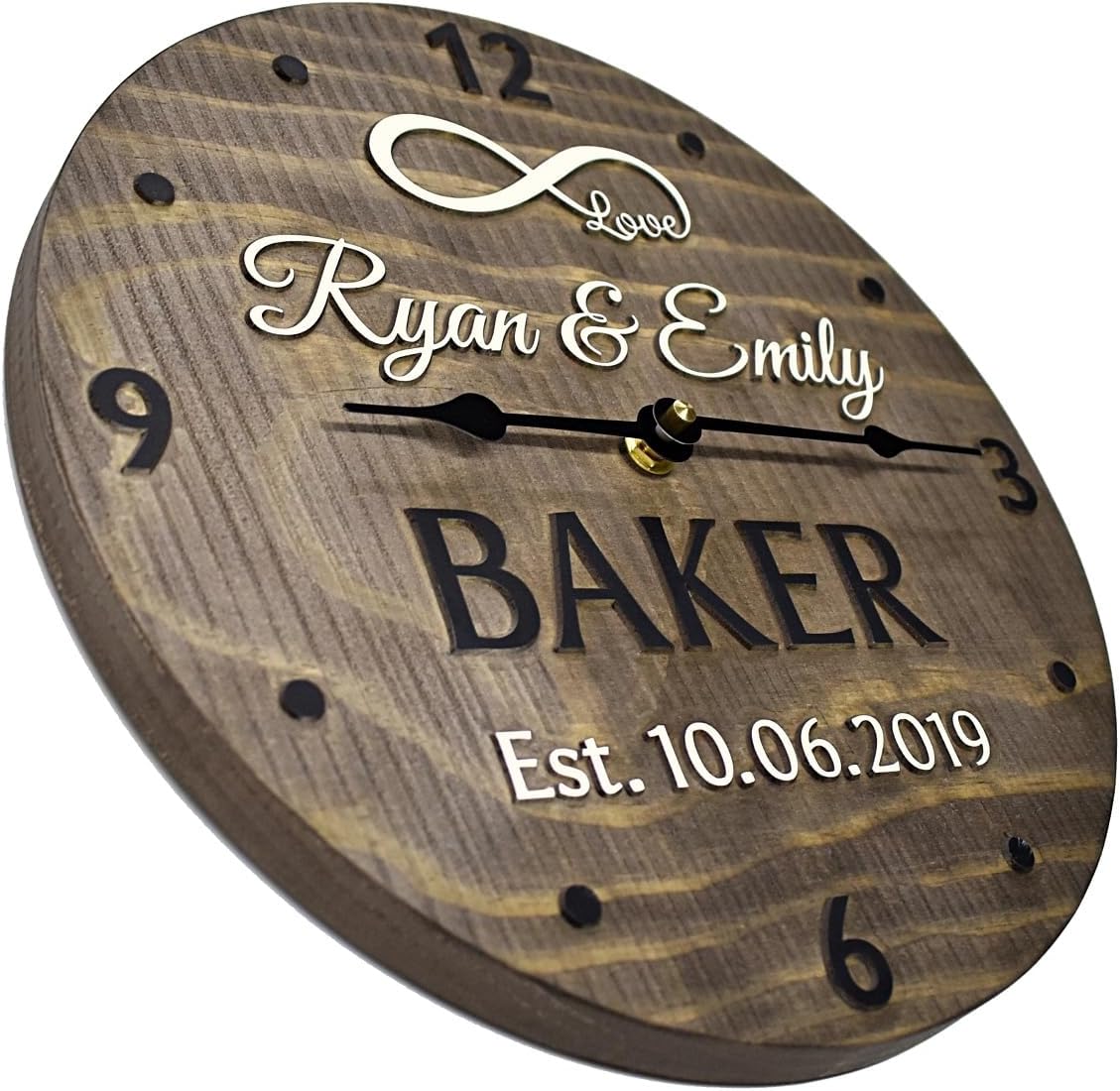 11 Inch Custom Made Wooden Anniversary Clock - Personalized for Married Couple with Infinity Symbol