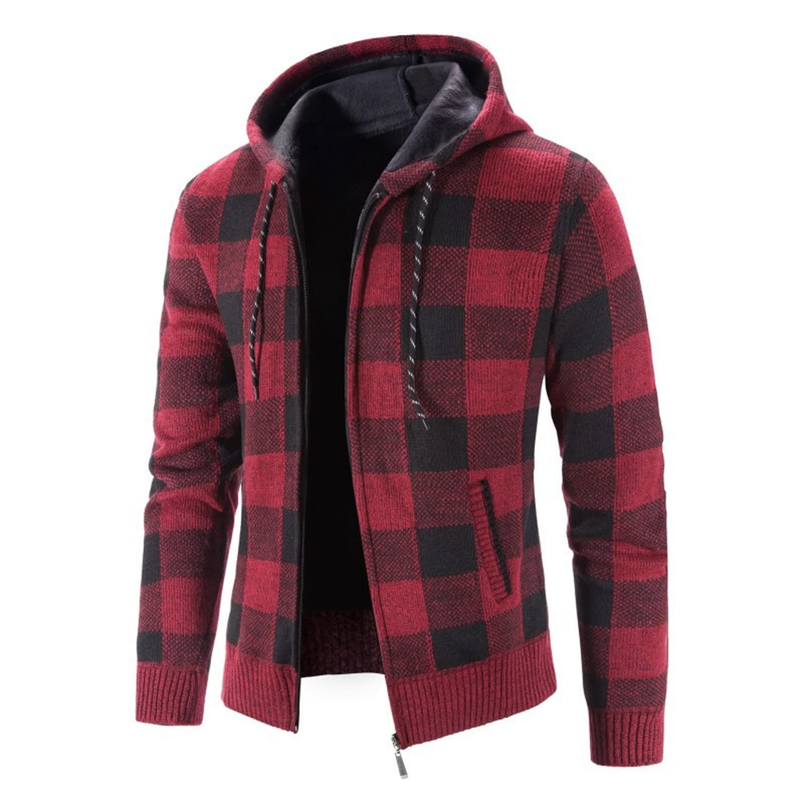 Maiyifu-GJ Men Sherpa Lined Full Zip Hooded Plaid Slim Fit Flannel Hoodies Shirt Jacket Fleece Thick Casual Cardigan Sweater (Red,3X-Large)
