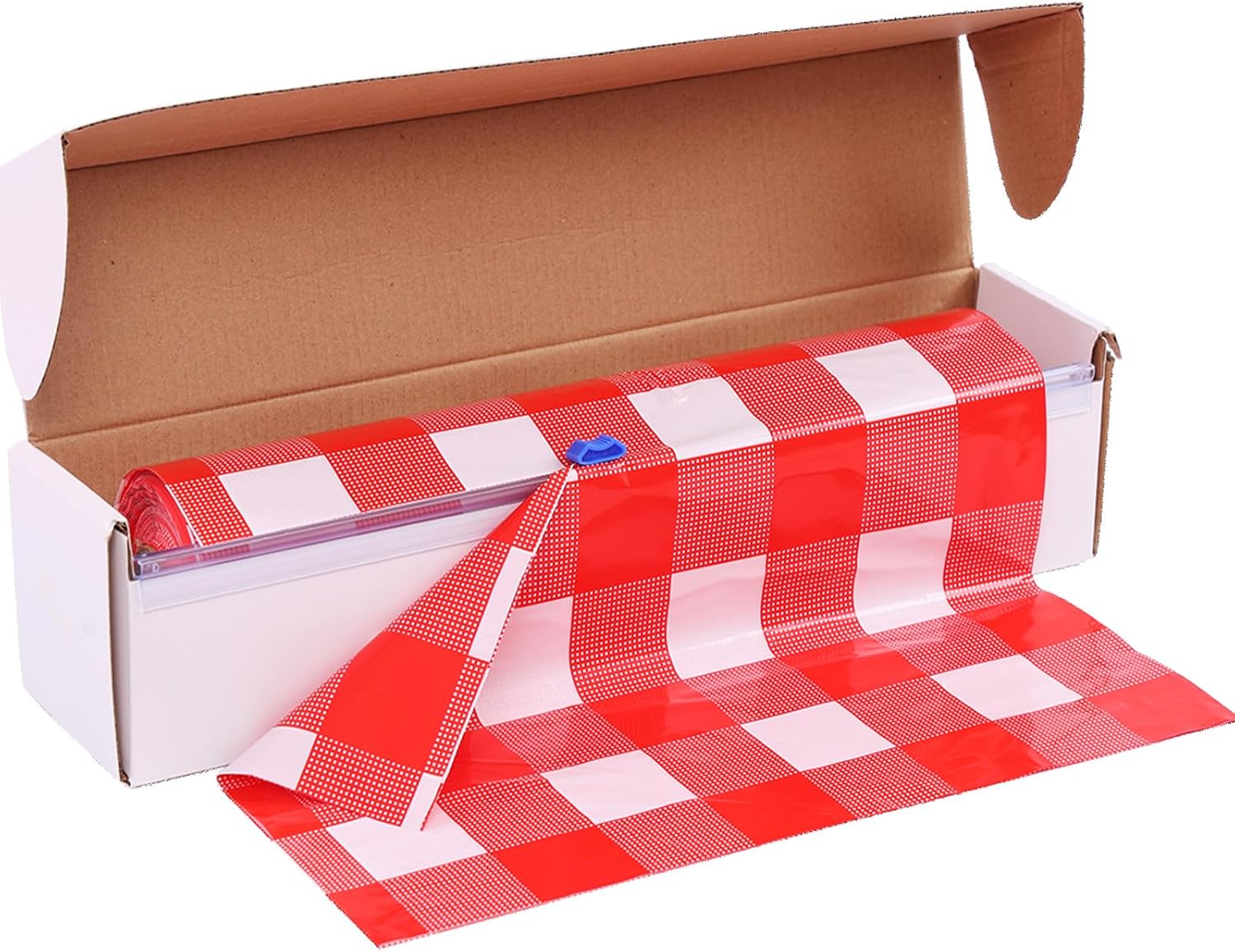Kesfey Red Gingham Plastic Tablecloth Roll 54 inch X 120ft Red Checkered Disposable Plastic Table Cover Rolls with Easy Slide Self Cutter Box- Cut to Any Size Disposable Tablecloth for Picnic Party