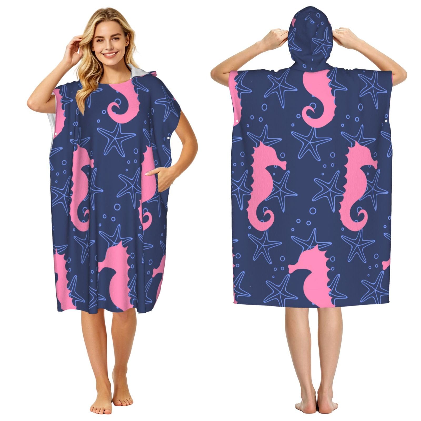 Poadnly Seahorse Silhouette Starfish, Adult Hooded Beach Towel 90 x 110 cm,Changing Bath Robe, Surf Poncho Towel For Women Men