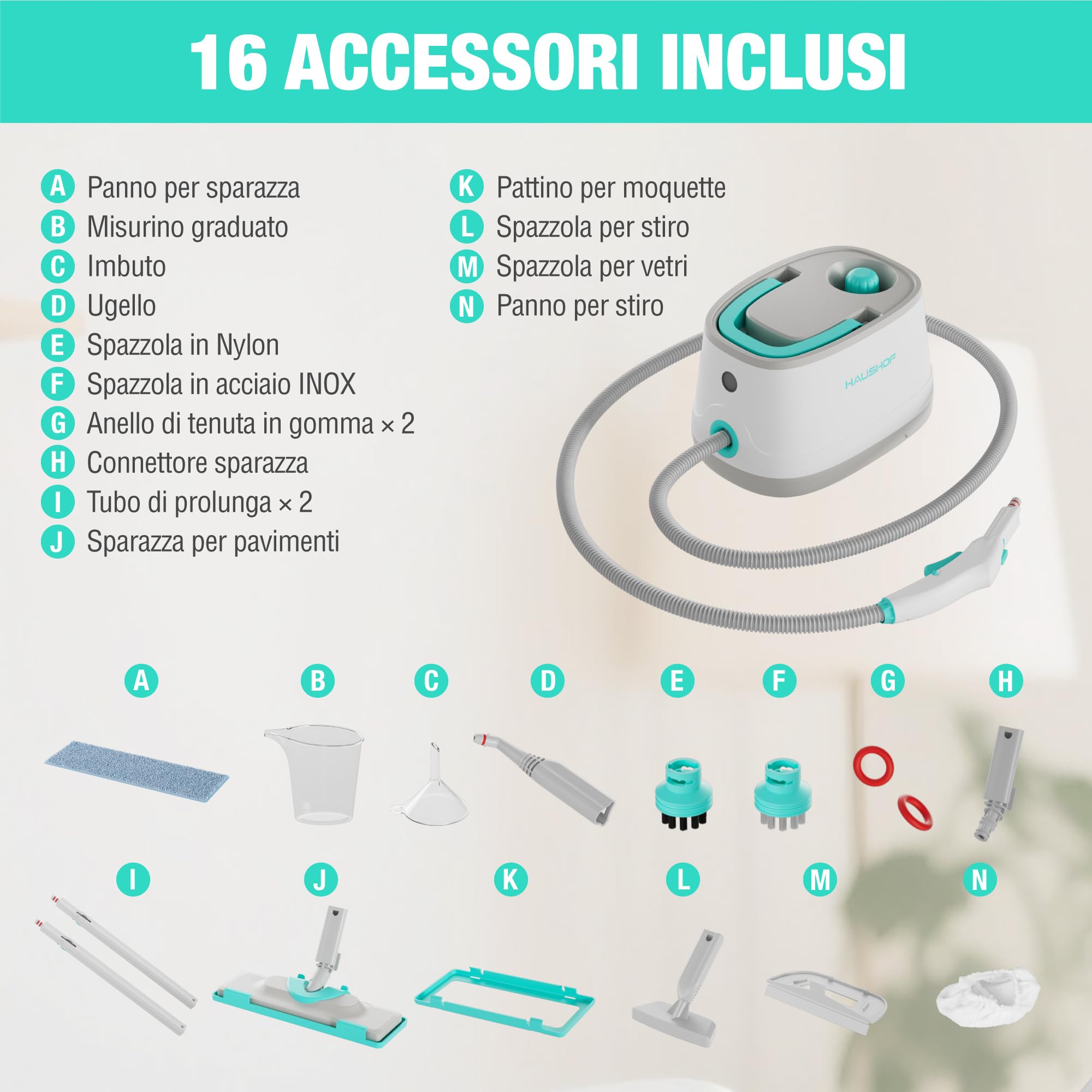 HAUSHOF Pulitore a Vapore Portatile 2000W, 1,5L, 4 Bar, 8 Min Riscaldamento, Lavapavimenti a Vapore Multifunzione con 16 Accessori e Cavo 3m, per Pavimenti, Tappeti, Finestre, Cucina