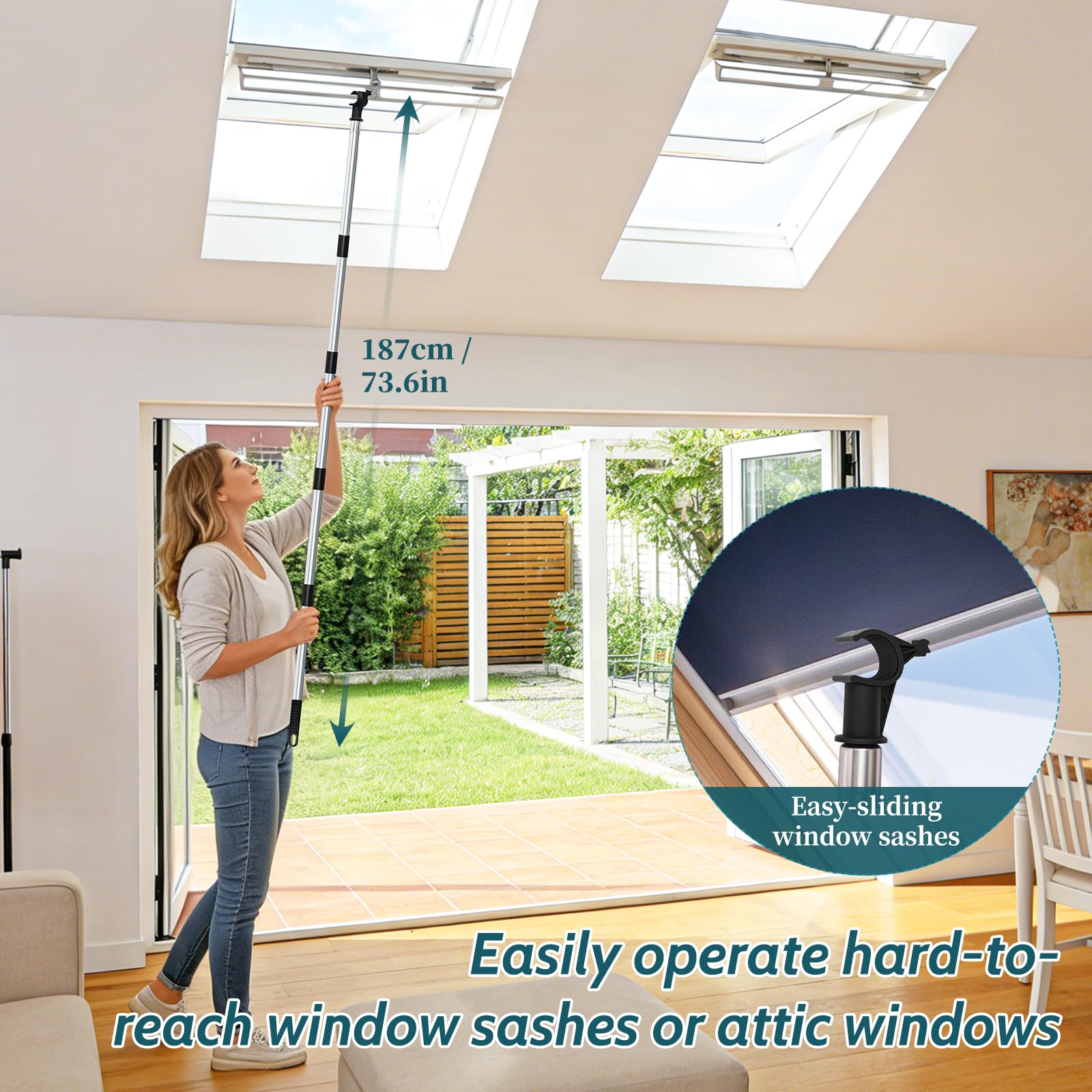 Newthinking Perche télescopique pour fenêtres Velux - 1,87 m - En acier inoxydable - Longue poignée - Avec crochet - Pour fenêtre de toit Velux