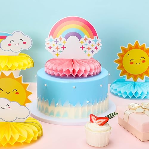Miniatura 3 de Ireer 9 piezas de decoración de mesa de arco iris, centros de mesa de nido de abeja arcoíris para mesas, decoraciones de nubes 3D para fiestas,
