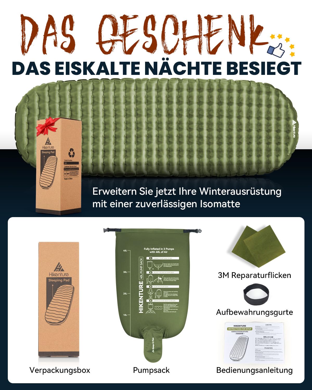 HIKENTURE Isomatte Camping R-Wert 6,2, 8CM Dicke Luftmatratze 198×64cm | Kleines Packmaß, Ultraleicht, mit Pumpsack, geeigent für 4 Jahreszeiten, Effektive Isolierung gegen Kälte Outdoor