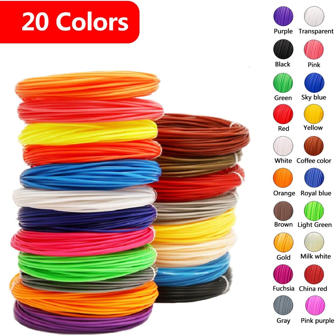 1.75mm Diameter 3D Printing consumables PLA Material 3D Printer Filament for 3D Print Pen in 20 Colors Pack Each 16.5 Feet Lengths