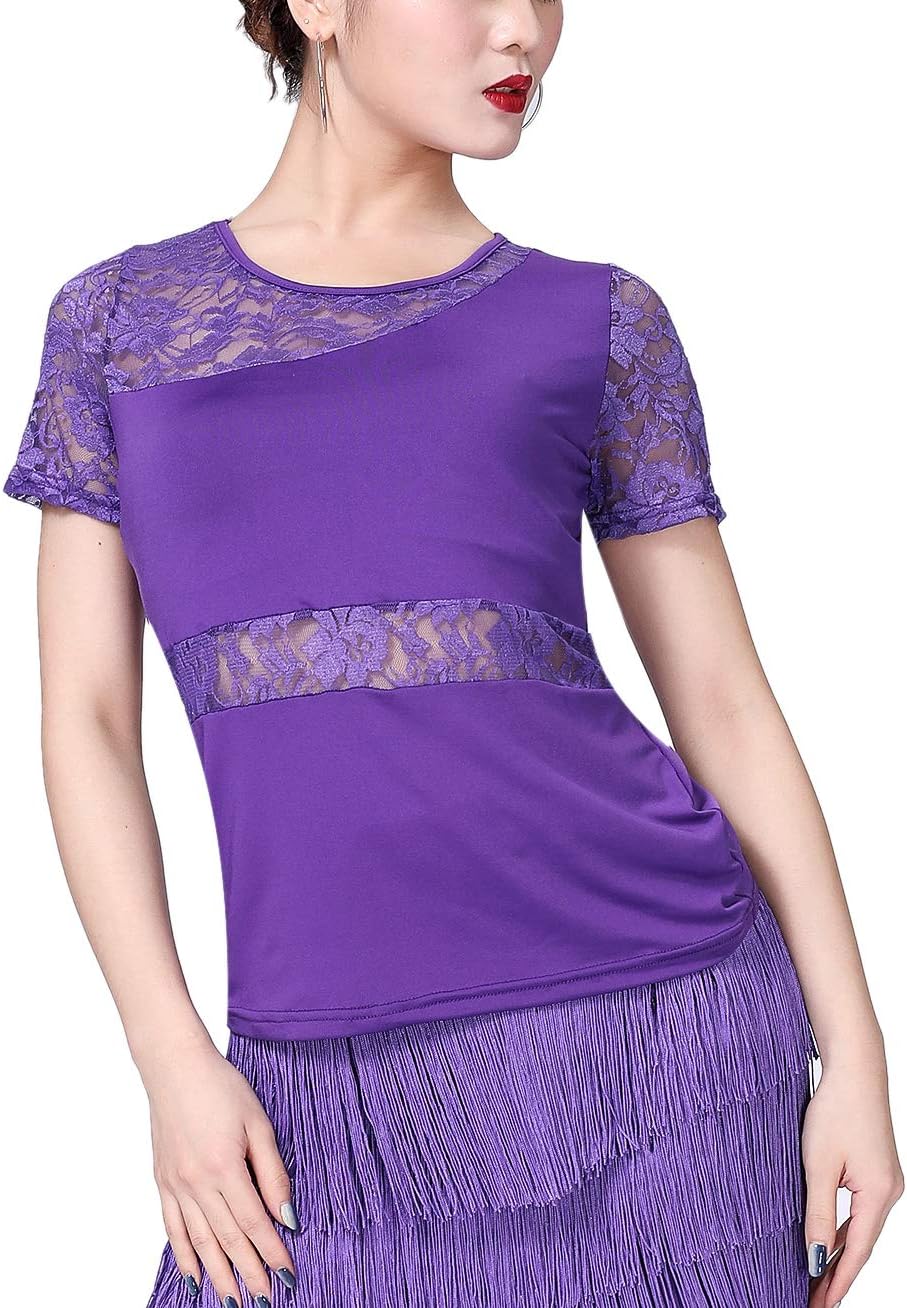 Whitewed Womens Short Sleeve Lace Ballroom Latin Practice Shirts Costumes Tops
