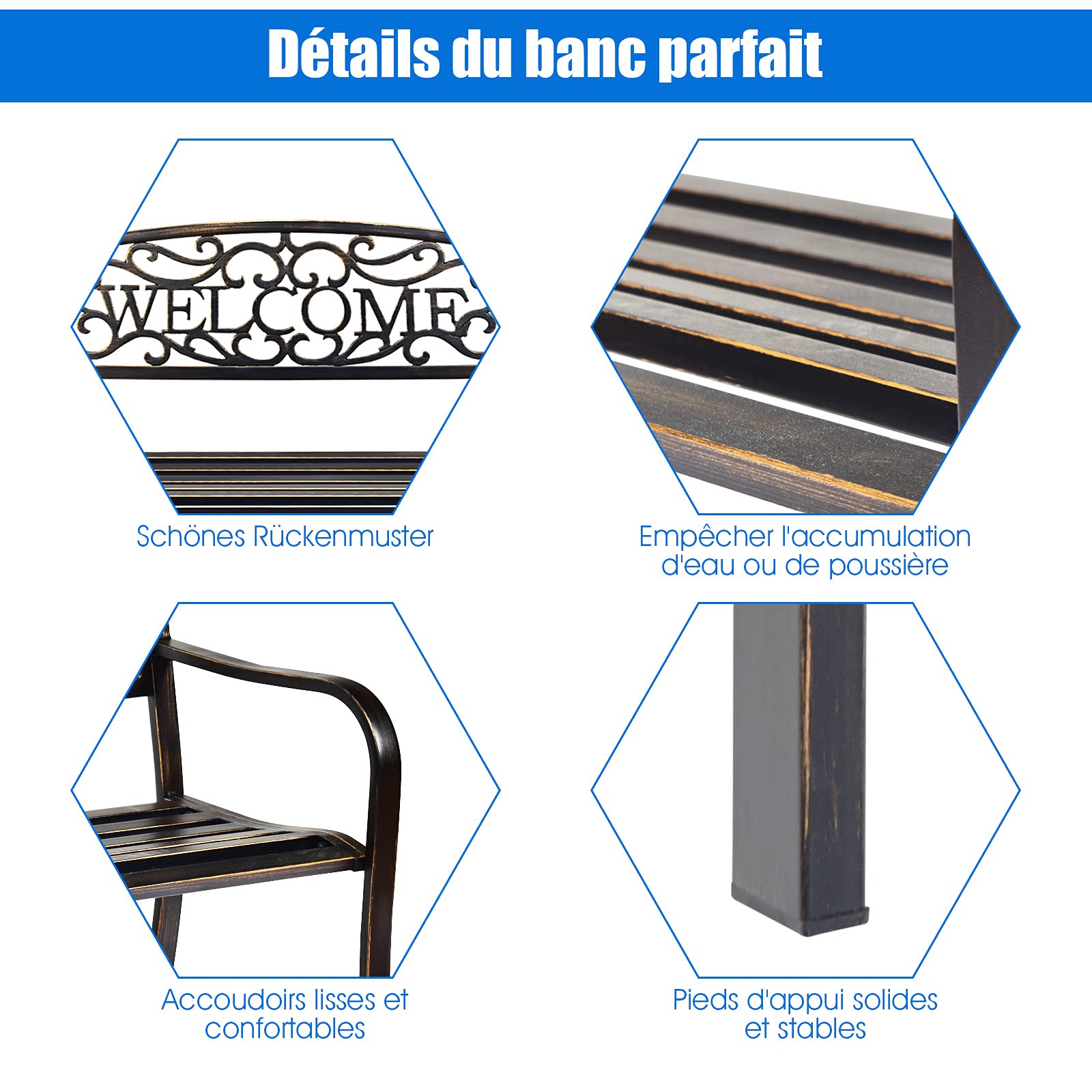 GOPLUS Banc Exterieur Jardin, 127 x 63 x 89 CM, Place pour 2 Personnes, Banquette Exterieur de Cadre en Métal, Charge 320KG, Dossier Ajouré avec Motif Mot, Idéal pour Patio, Piscine (Bronze)