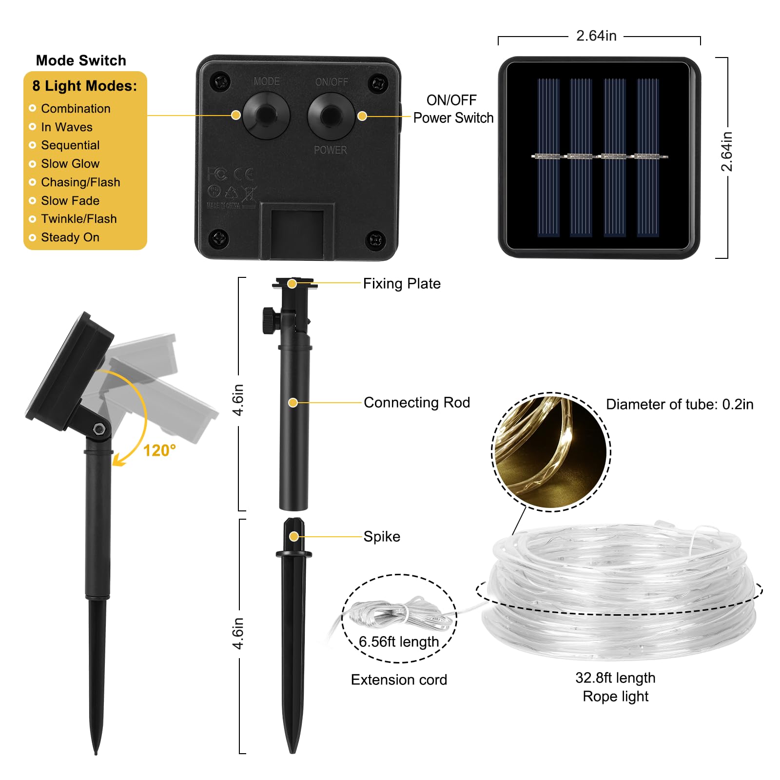 WIND STAR Cuerda de luz solar para exteriores, 39 pies, 100 LED, funciona con energía solar, 8 modos, IP65, impermeable, tubo solar, decorativo para patio, jardín, valla, fiesta, camping, boda