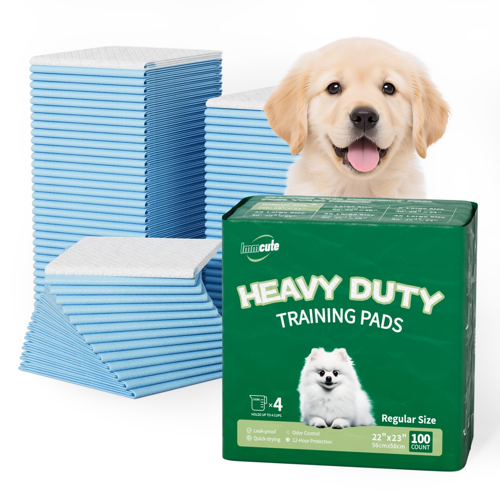 IMMCUTE 100 Count Premium Puppy Pads 22x23 Dog Pee Pads Ultra-Soft Heat-Sealed 6-Layer Leak-Proof Super Absorbent Potty Training