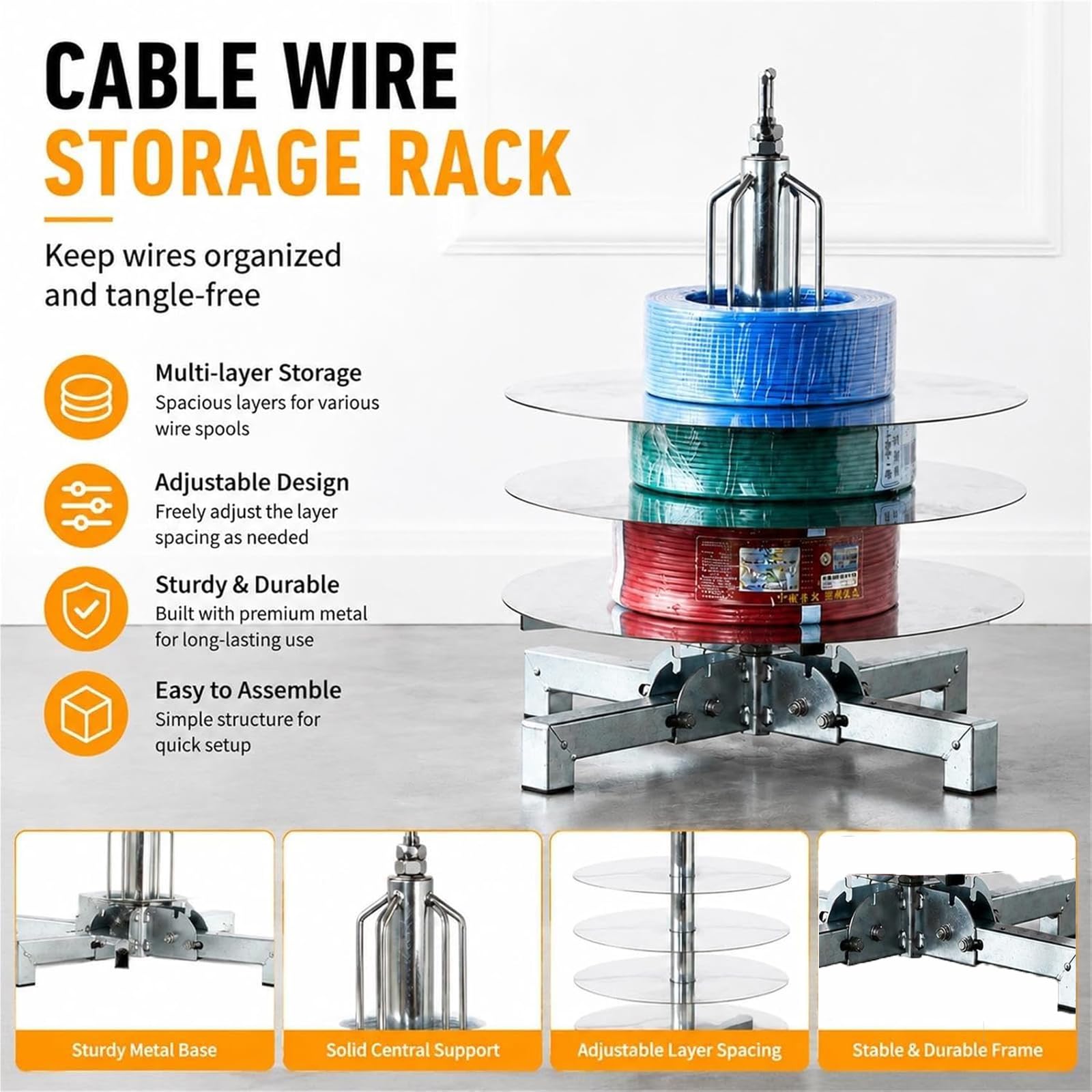 Porta Cavi 10-16², Contenitore Girevole Pieghevole A 1-4 Strati per Bobine di Filo, velocità Regolabile, Supporto per Cavi con Piattaforma Girevole in Metallo, per Uso Industriale C 2
