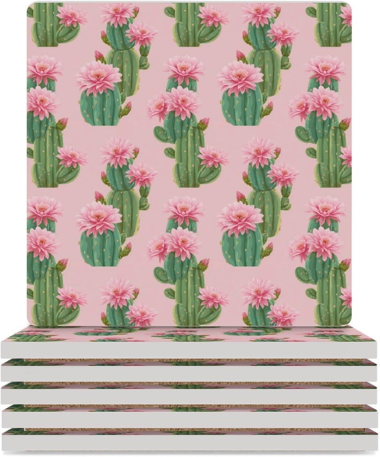 Tropical Cactus Flowers Coaster for Drinks Square Ceramic Table Coasters Stone Mat Crafts 4PCS Home Kitchen Decor