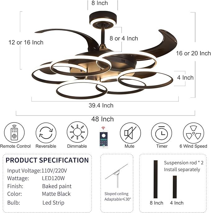 Ventilador de Techo 48 Pulgadas con Luz y Control Remoto, Di miniatura 2