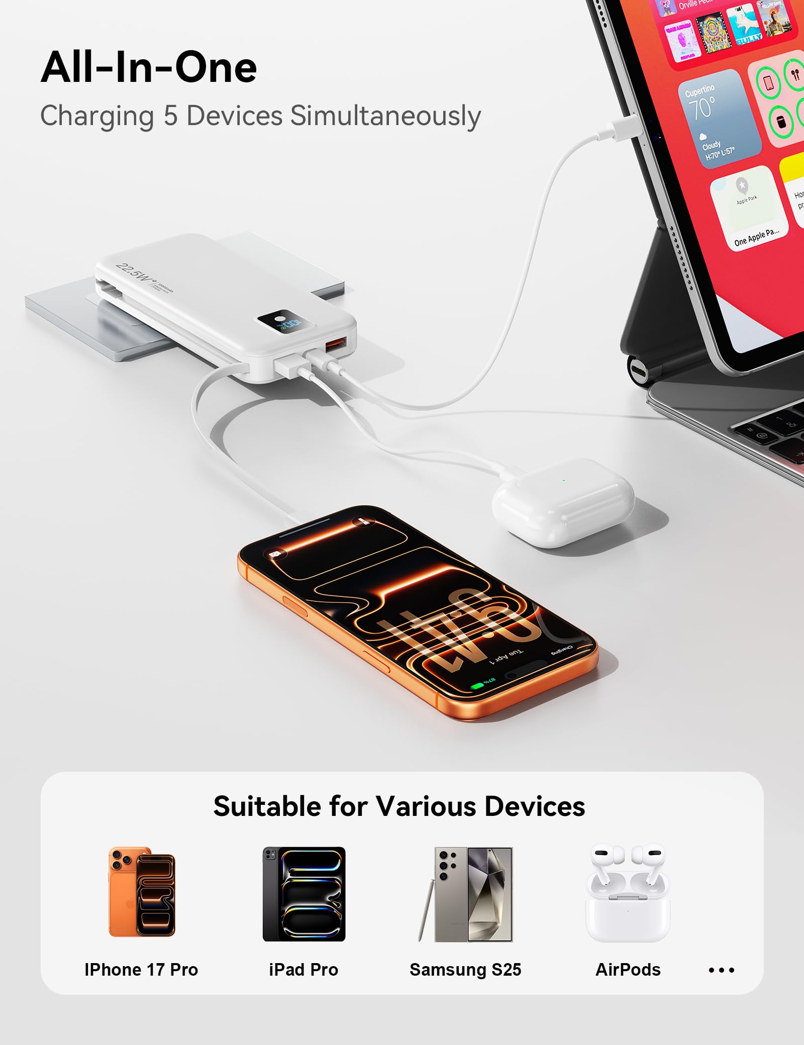 Banco de energía portátil, 12000 mAh, 22,5 W, cargador de teléfono de carga rápida con cables integrados y enchufe de pared, batería esencial de viaje con pantalla LED, banco de carga de batería USB C
