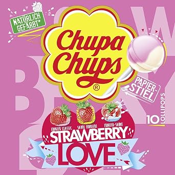 CHUPA CHUPS - Strawberry Love Lollipops - 3 Flavours x 10 Lollies - Christmas Sweets, Stocking Stuffers